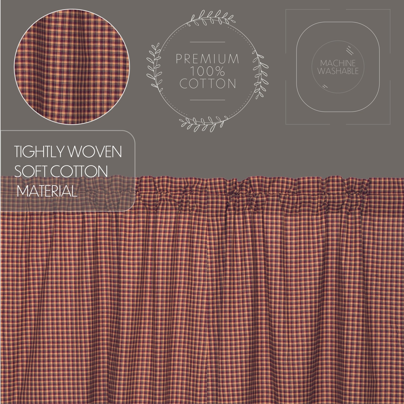 Primitive 24″x36″ Tier Pair Red Rod Pocket Kitchen Window Curtains VHC Brands