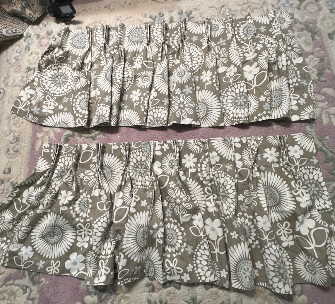 3 Window Valances Triple Pleat Blue Gray White Floral 41×10 & 102×12 Lined