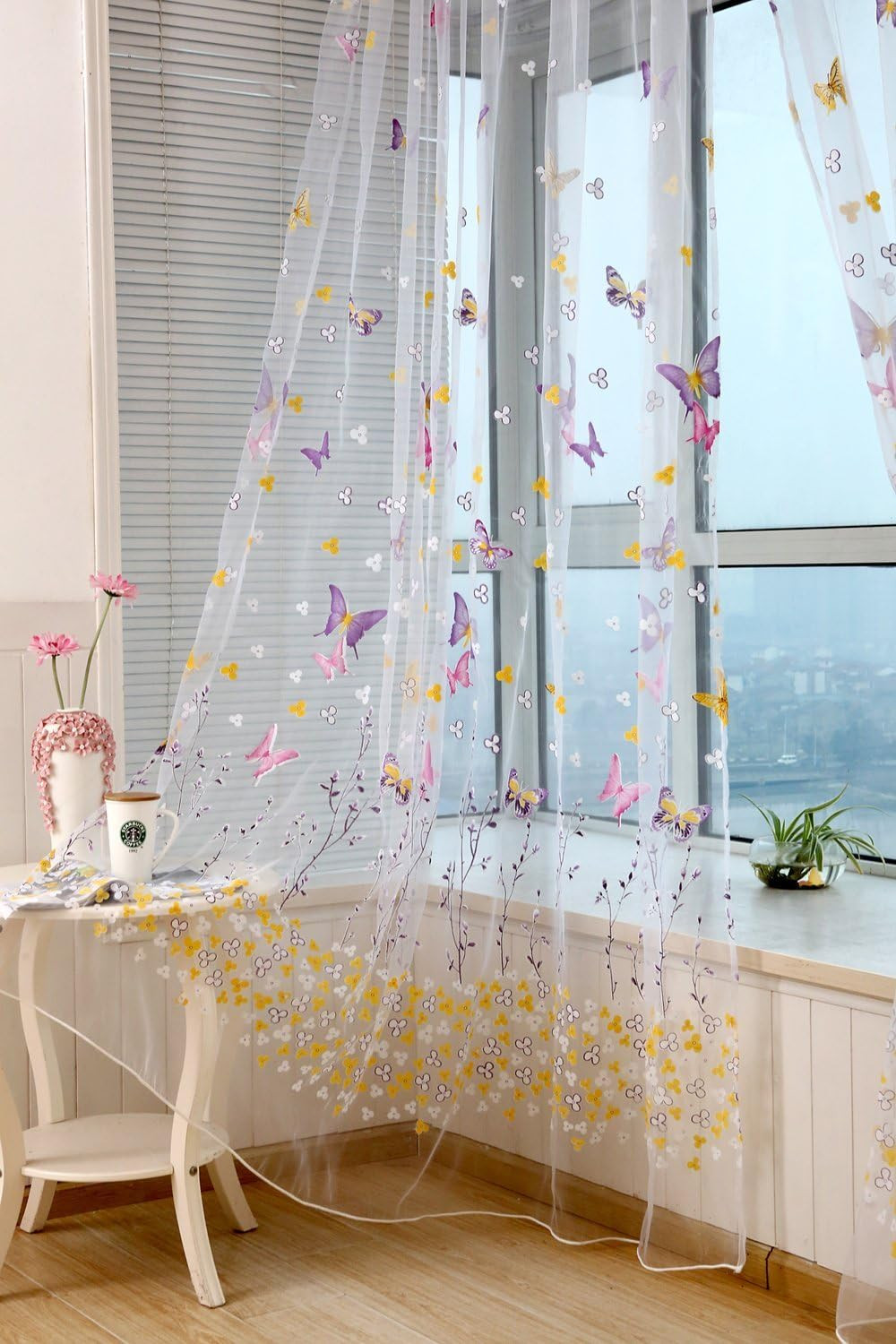 1 Piece 110.2″”*39.4″” Beautiful Butterfly Pattern Sheer Door Balcony Window Scr