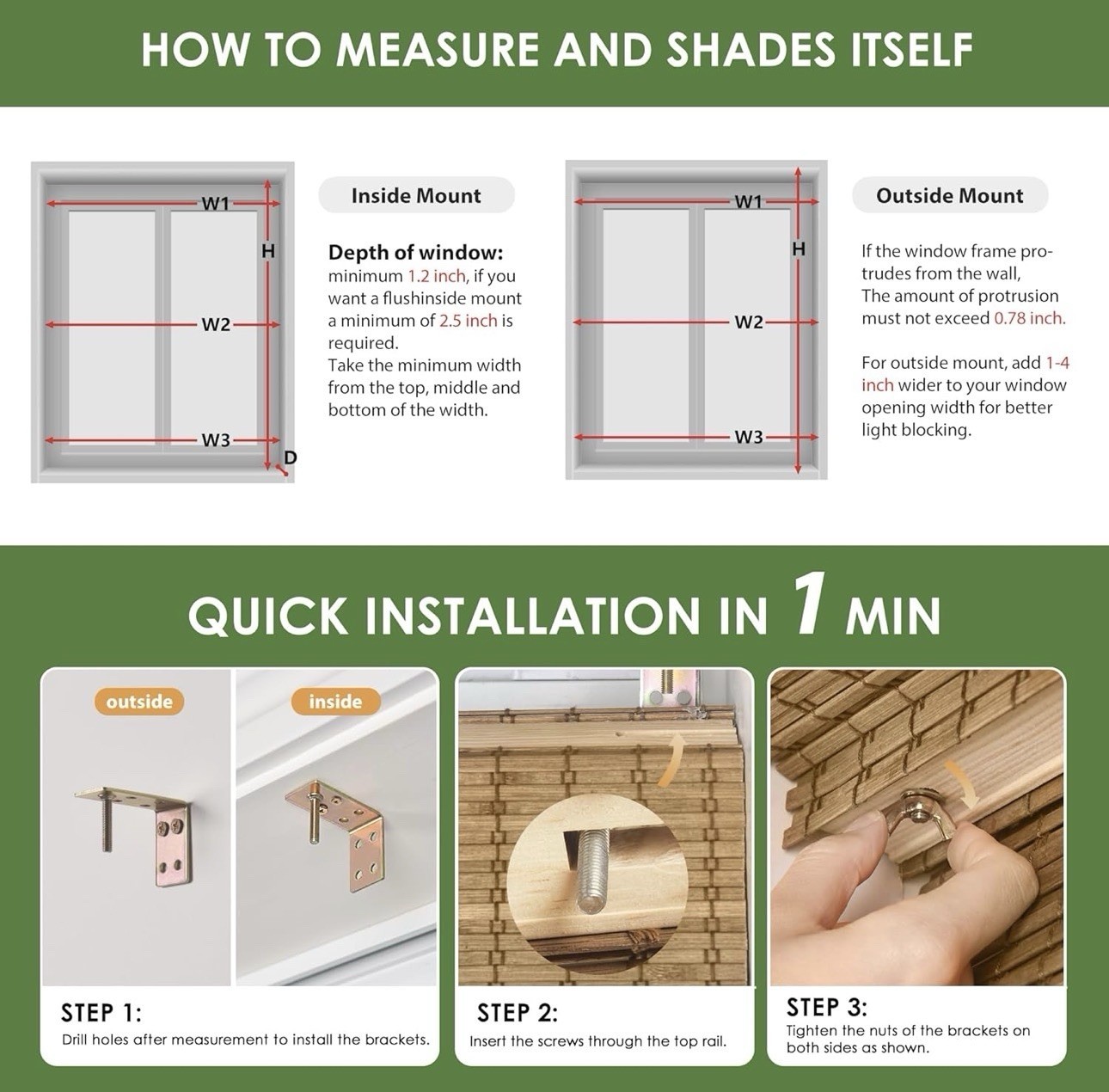 LazBlinds No Drill Cordless Bamboo Roman Shades Roll Up Blinds 22.5′ W x 48” H