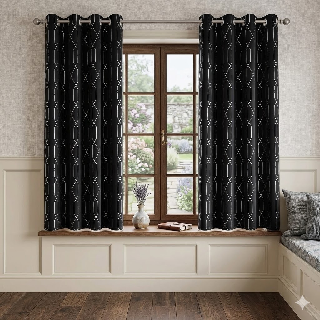 Black Silver Diamond Blackout Curtains 2 Panels Grommet Thermal Bedroom 52×63