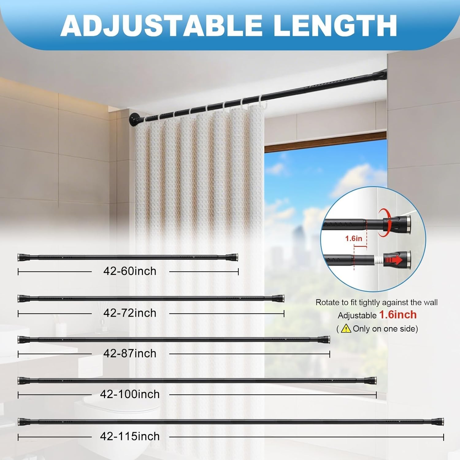 Elegant Black Adjustable Tension Rod, Heavy Duty 42-100 Inch for Window & Bath