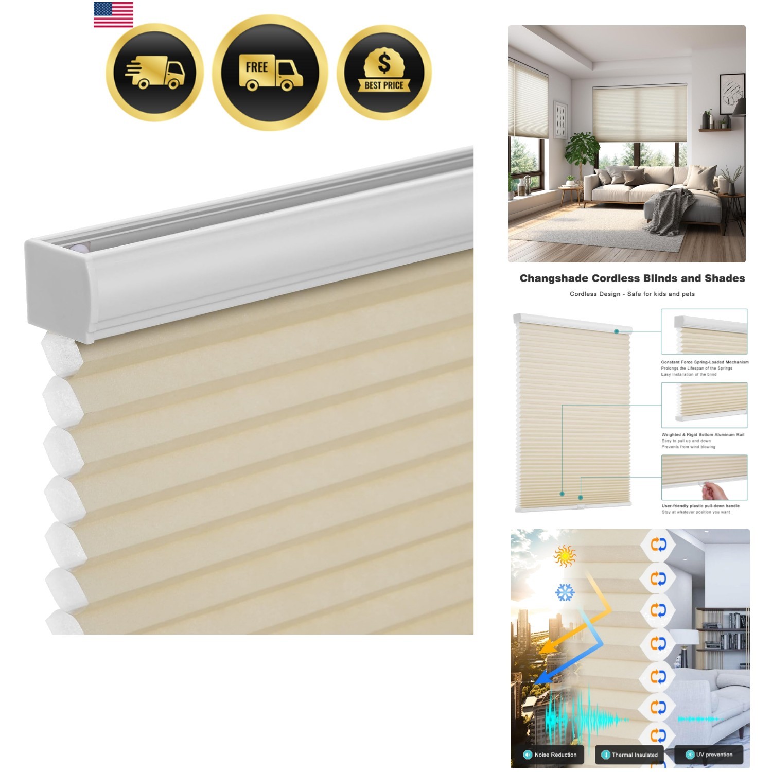 Cordless Cellular Shades,Blackout Honeycomb Shades for Windows,Pull Down Plea…