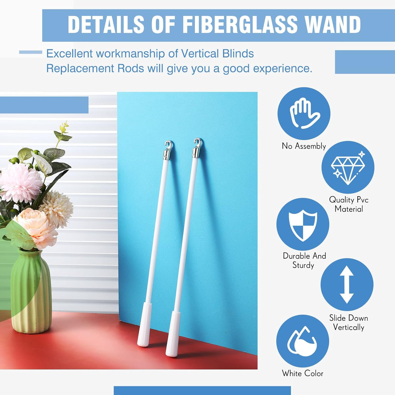 4 Pcs Blinds Wand Replacement with Hook and Handle White Fiberglass Long Vertica