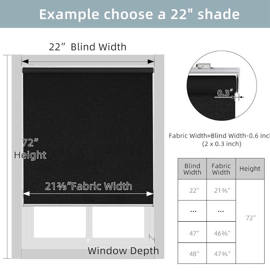 ChrisDowa Cordless 100% Blackout Blind Roller Window Shade Black 33Wx72H NEW (S6
