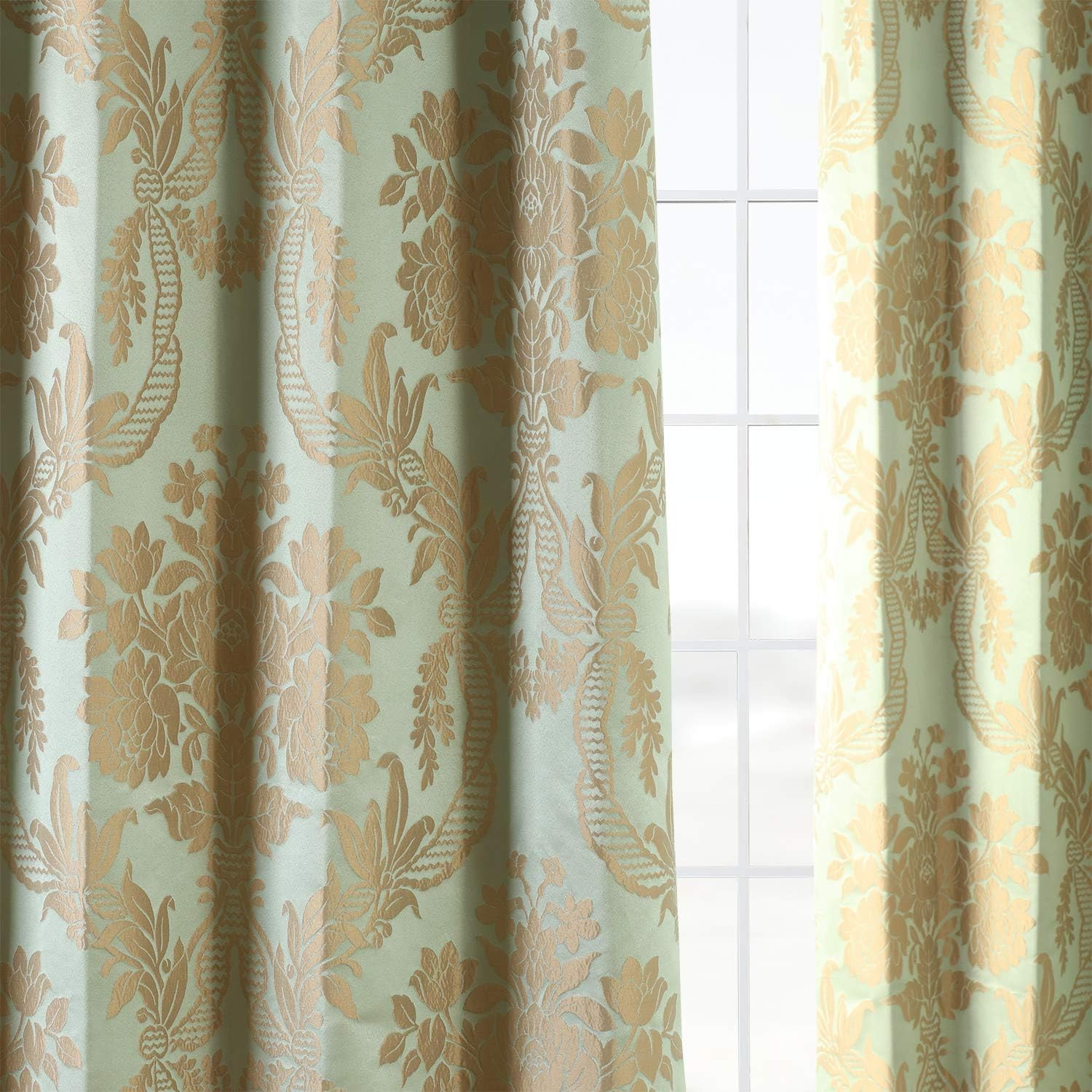 Jade & Gold Designer Damask Faux Silk Room Darkening Curtain 50×96 Inches