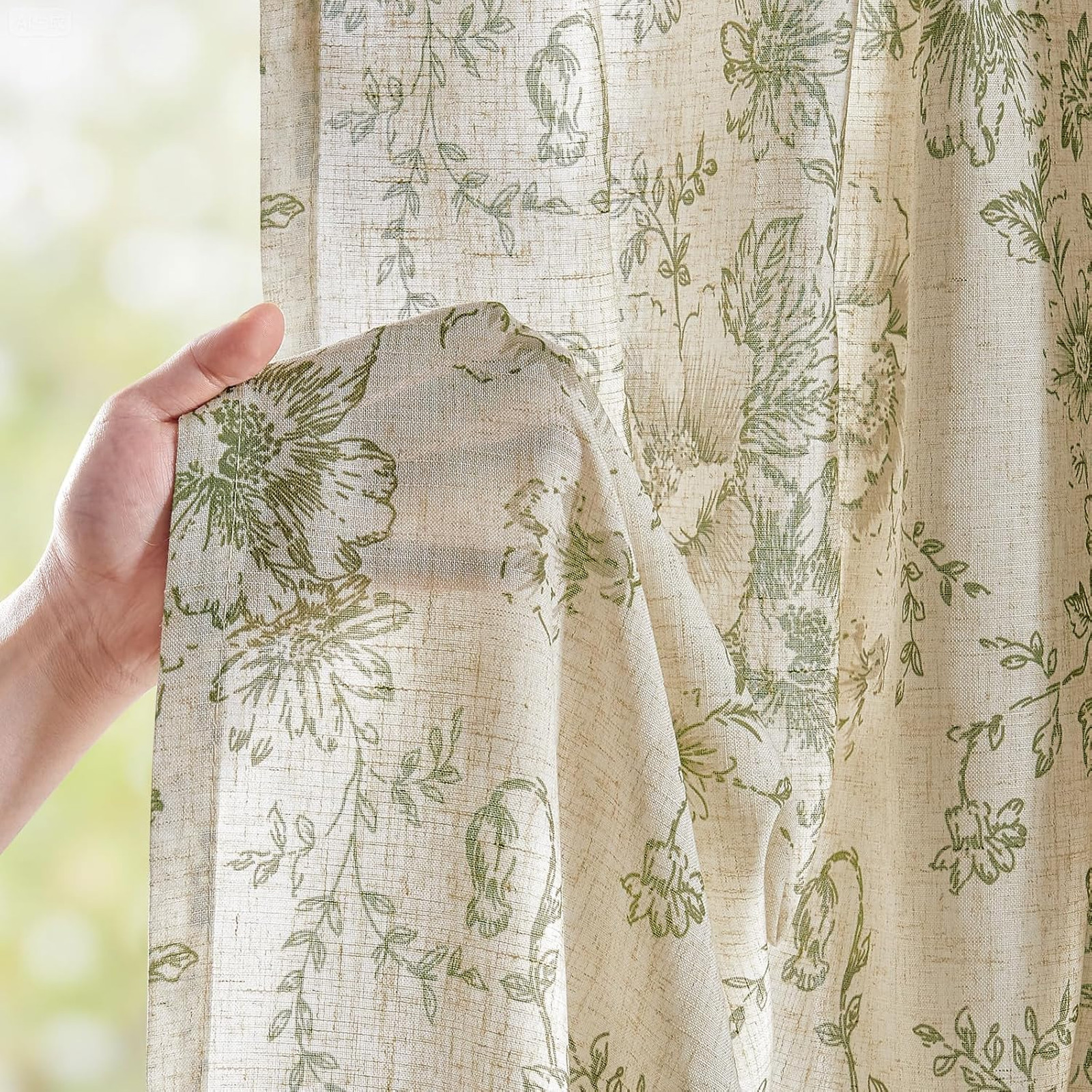 Linen Blend Floral Curtains Set 84 Inch Length Sage Green Peony Pattern 2 Panel