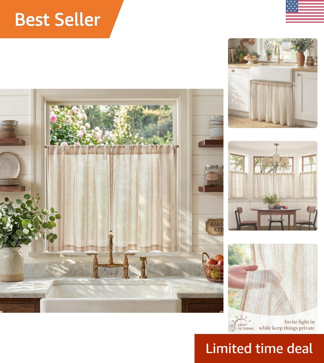 Charming Striped Linen Half Window Curtains, Perfect for Bathrooms & Kitchens