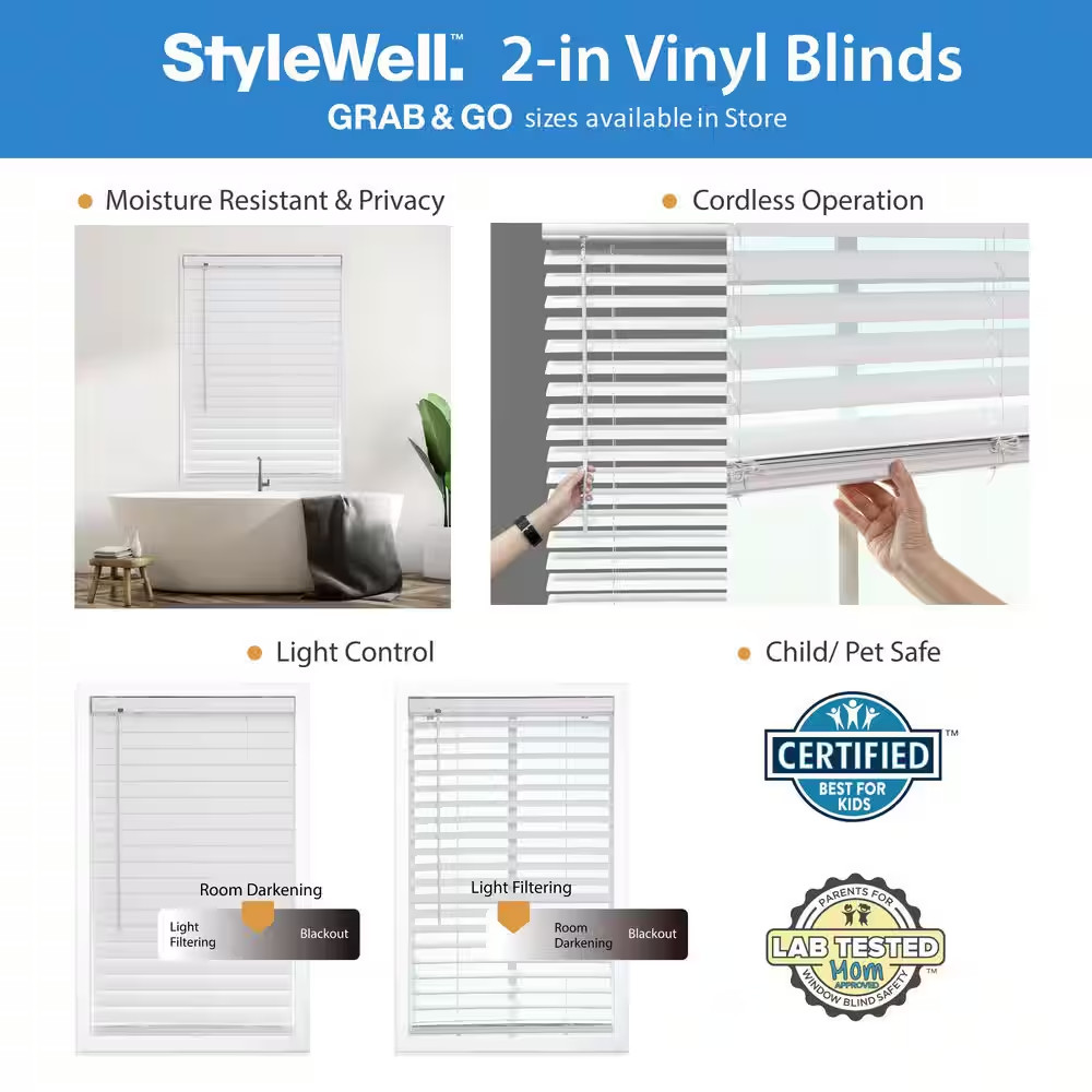 White Cordless Room Darkening Vinyl Blinds with 2 In. Slats – 35 In. W X 64 In.