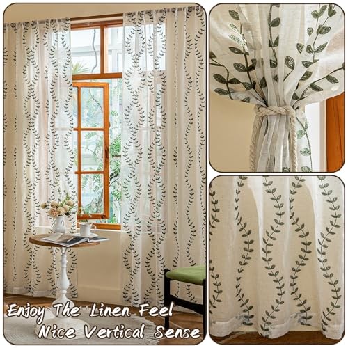 2 Panels Linen Leaf String Floral 52″W x 84″L (Pack of 2) Sage Green