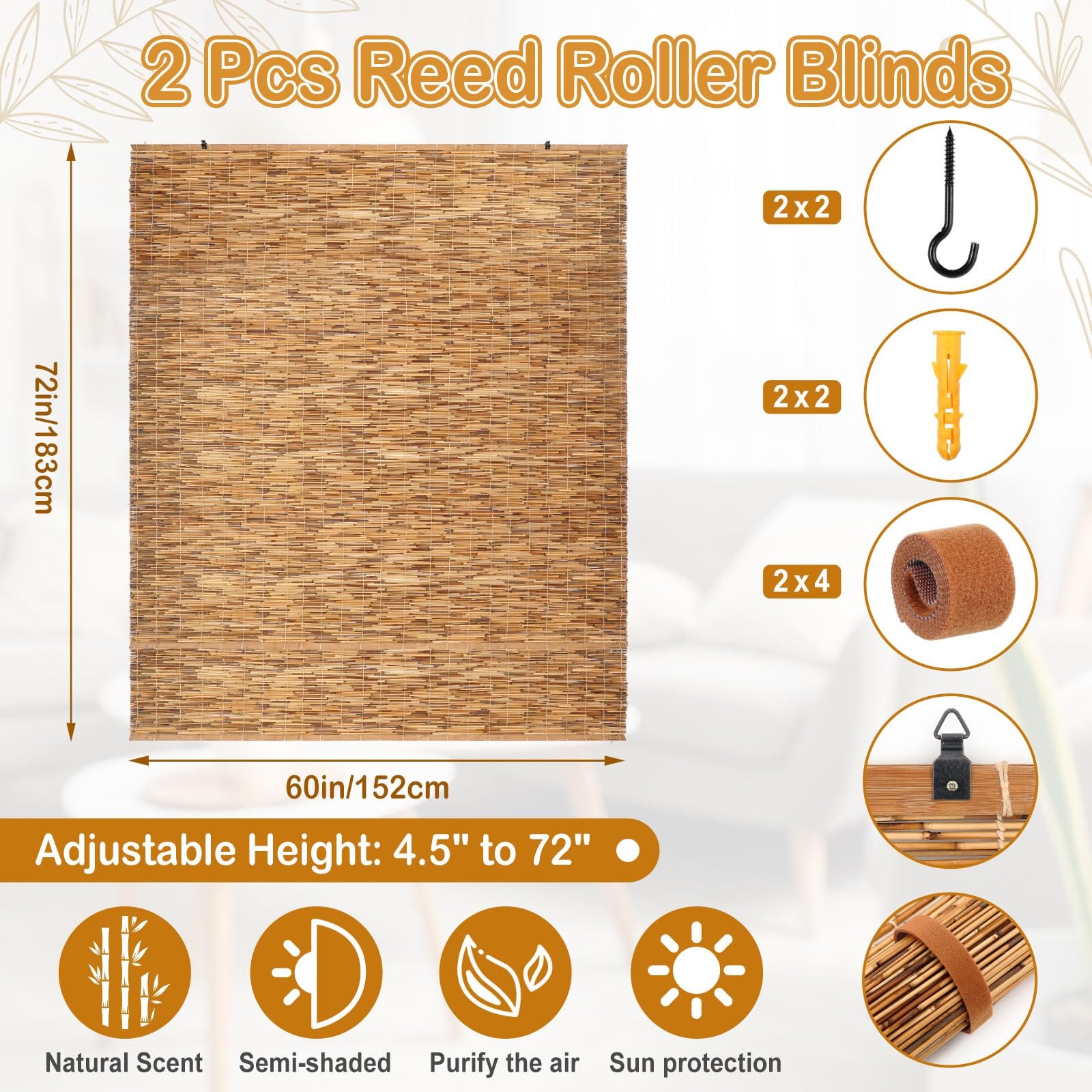 2 Pcs Bamboo Shades Outdoor Reed Roll Up Blinds 72″ W x 72″ H Blackout Sunshade