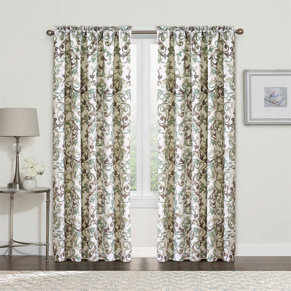 2 Piece Printed Ravello Scroll Curtain Set, Brown Aqua, Each Panel 60″ x 96″
