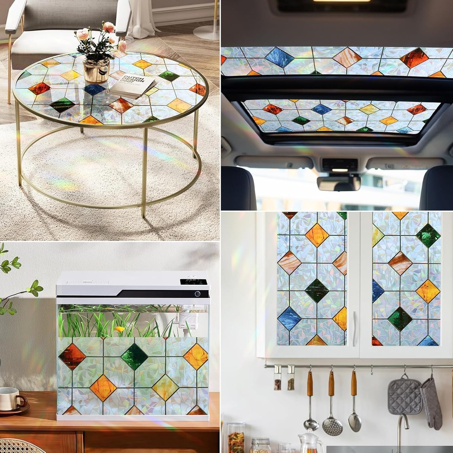 DKTIE Colorful Gem Lattice Pattern Decorative Window Privacy Film Rainbow Staine