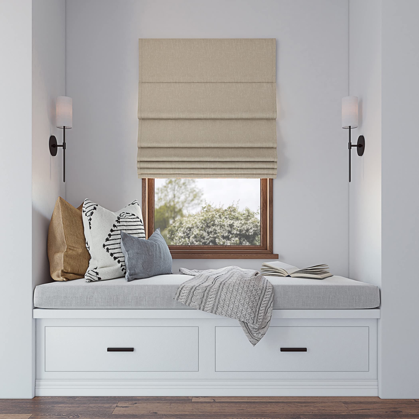 Sun Zero Preble Textured Total Blackout Cordless Roman Shade 35″ x 64″ Beige