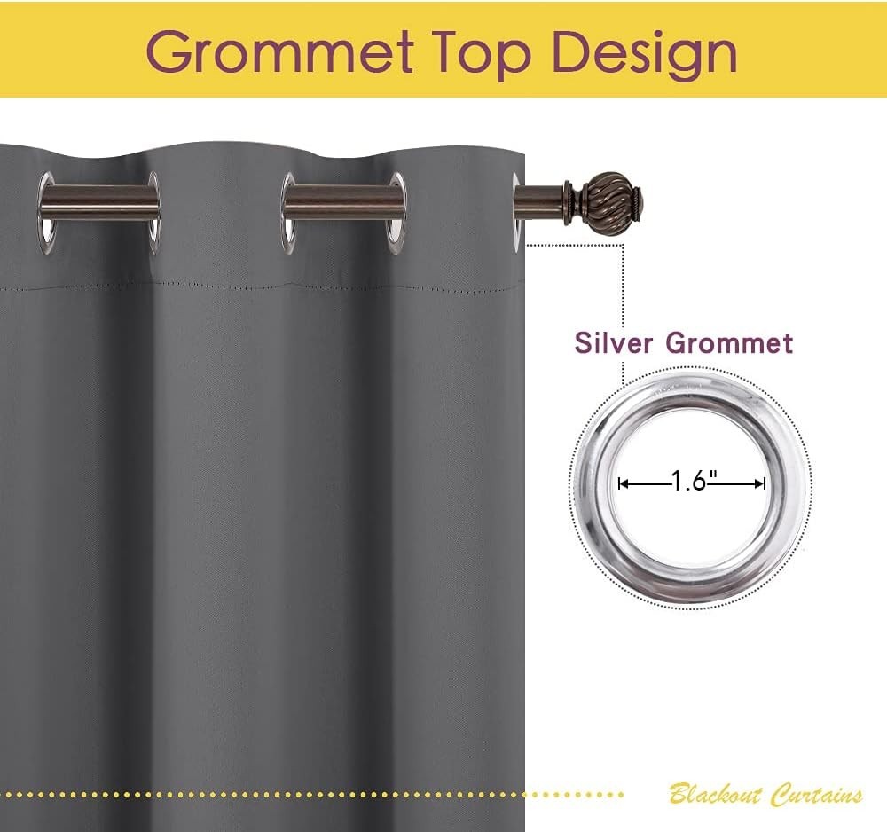 Thermal Insulated Grey Blackout Drapes, Grommet Top, 42W x 45L Inches – 2 Panels