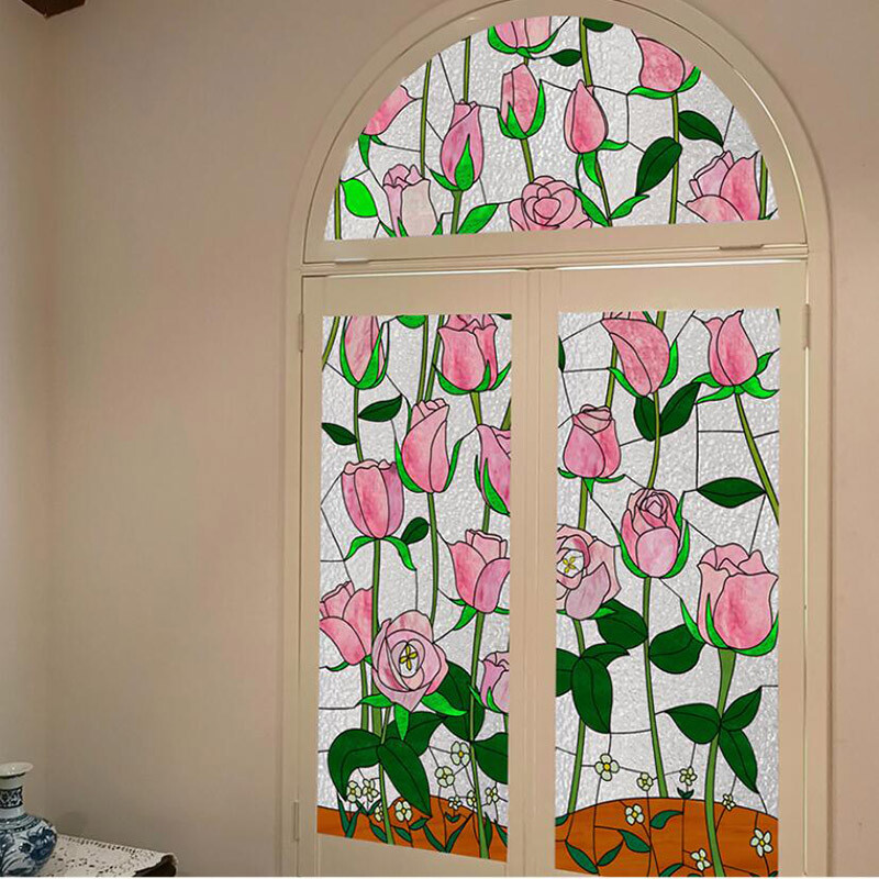 Retro Pink Flower Blossom Window Film Print Sticker Cling Stained Glass Decor