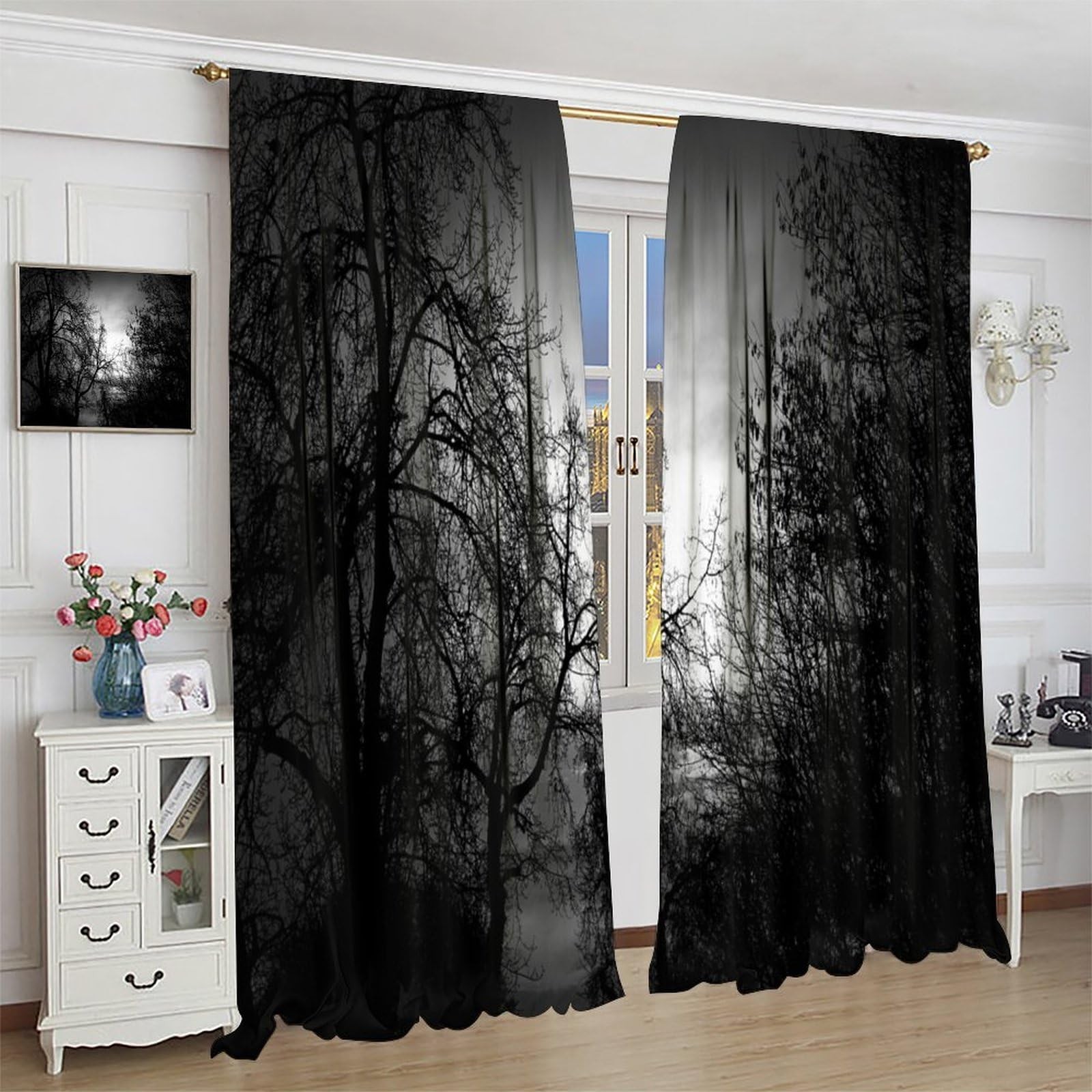 Gothic Forest Curtains Dark Black Forest Foggy Mysterious Pine Black Tree For…