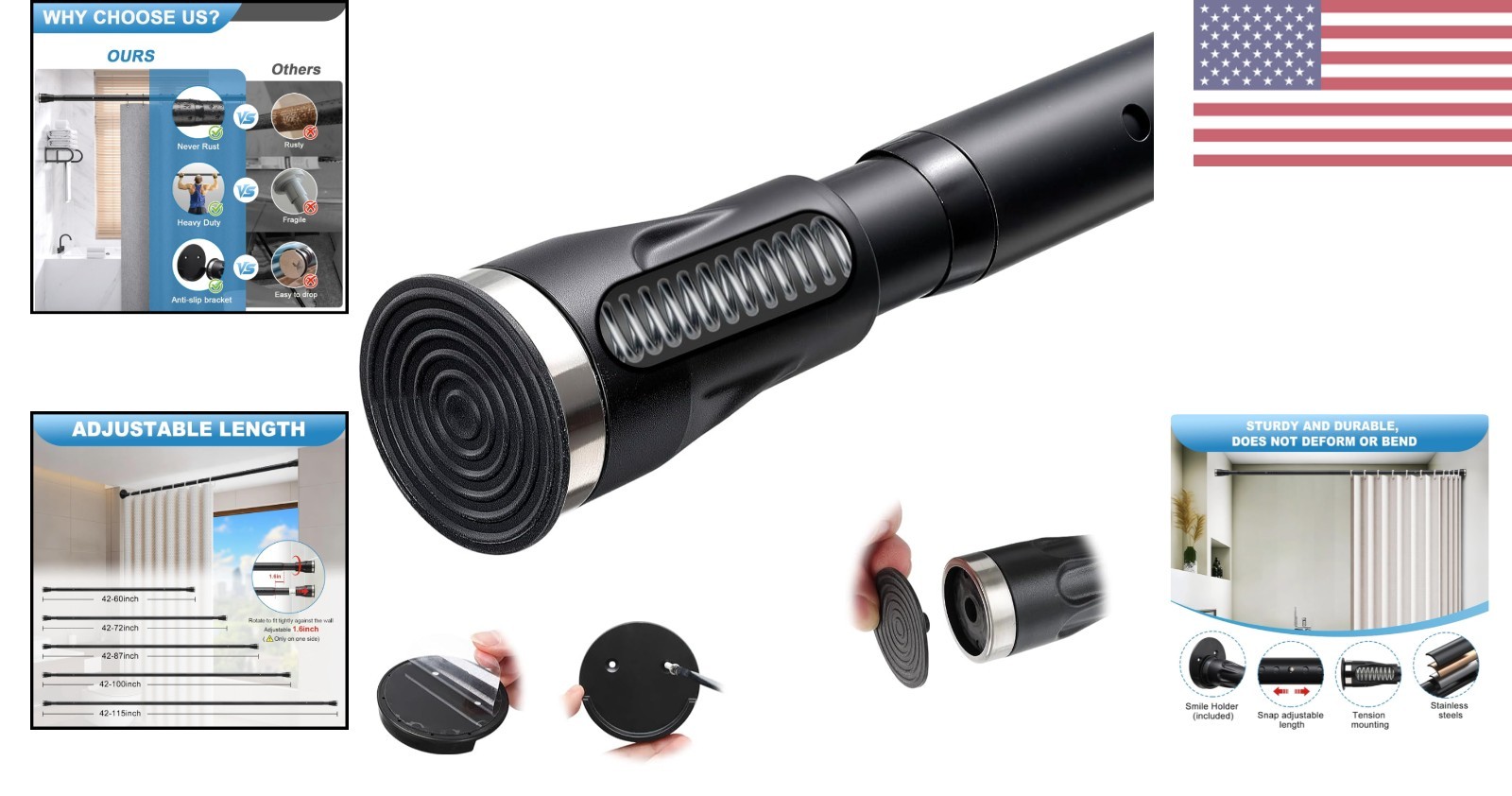 Elegant Black Adjustable Tension Rod, Heavy Duty 42-100 Inch for Window & Bath