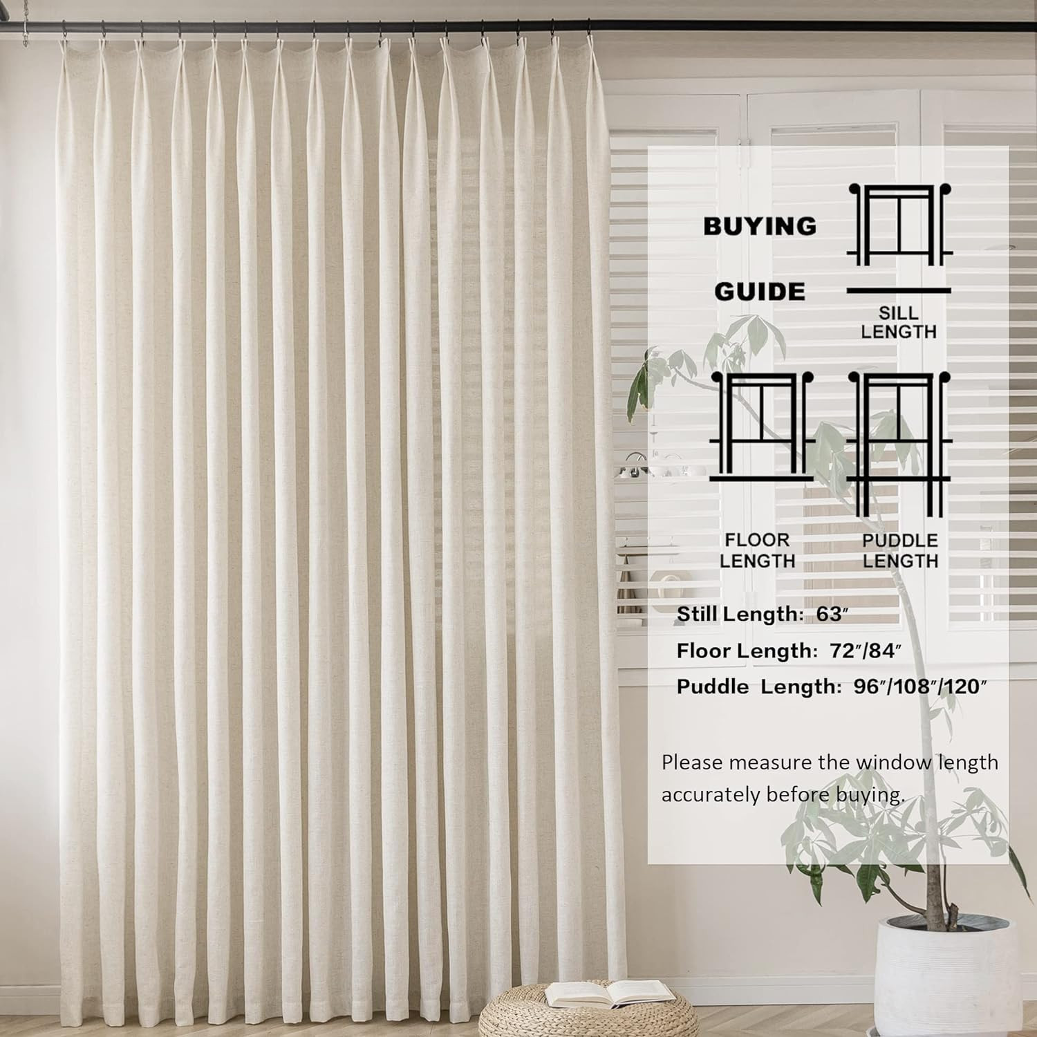 100″ Wide Light Filtering Pinch Pleated Curtains, 96″ Long, Linen Drapes