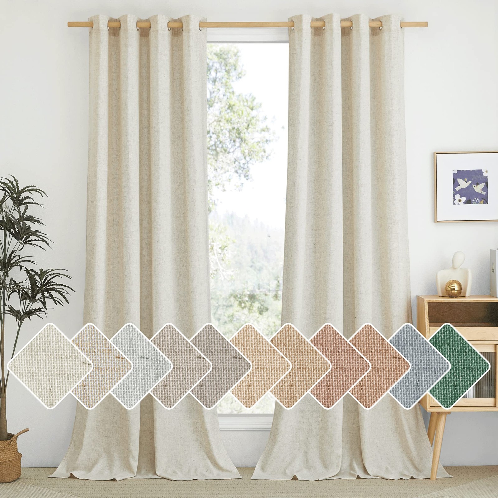 Natural Linen Curtains 84 inch Long 2 Panels Set, Grommet Top Thick Linen Bur…