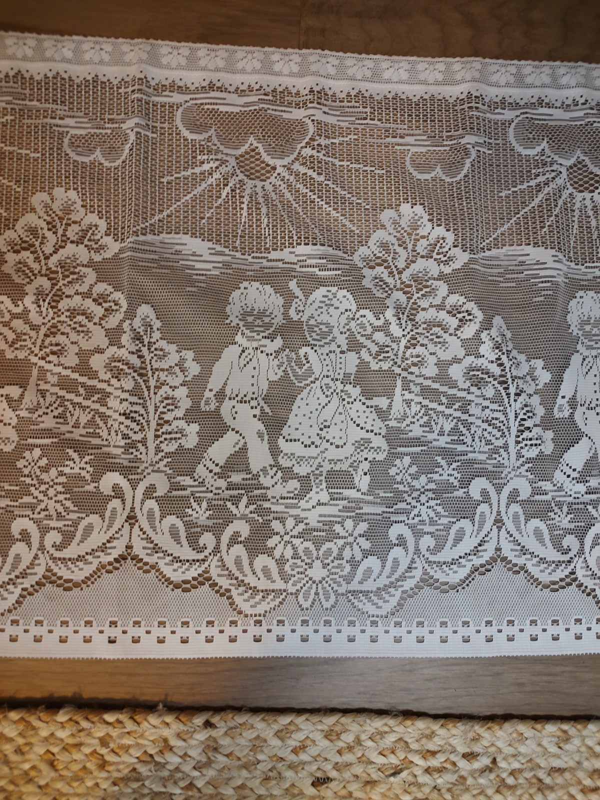 European Lace Curtain Children Sun Pigtails Boy Girl Outdoors Scene Trees Ecru