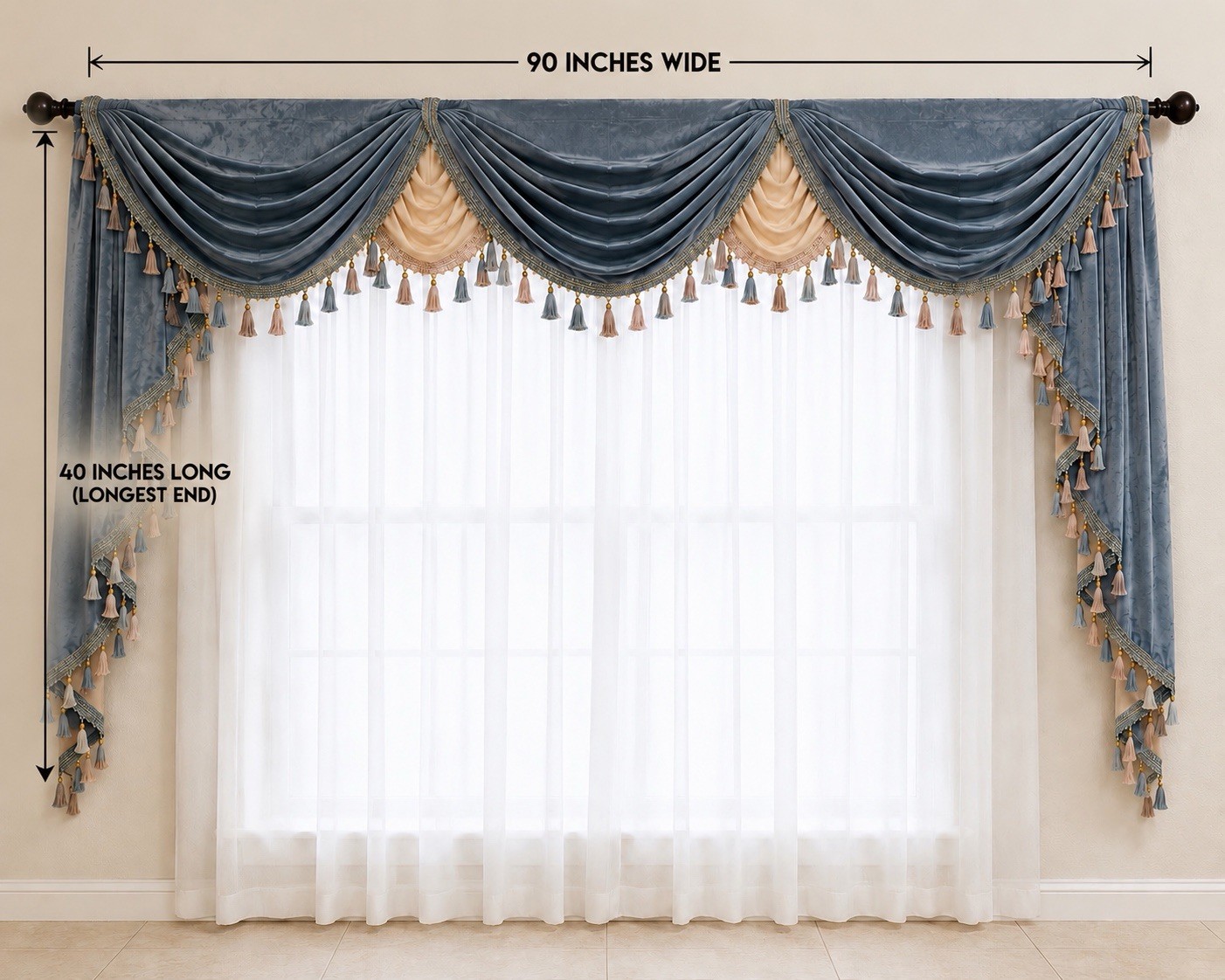 1 Piece Blue Beige Tassel Window Valance Swag 90” Wide Decorative Curtain Topper
