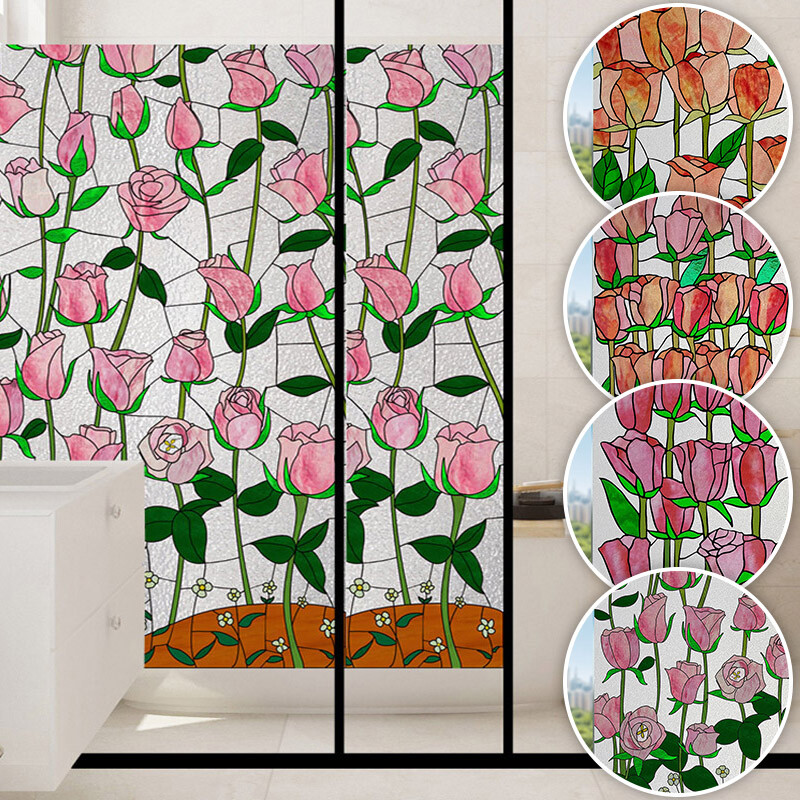 Retro Pink Flower Blossom Window Film Print Sticker Cling Stained Glass Decor