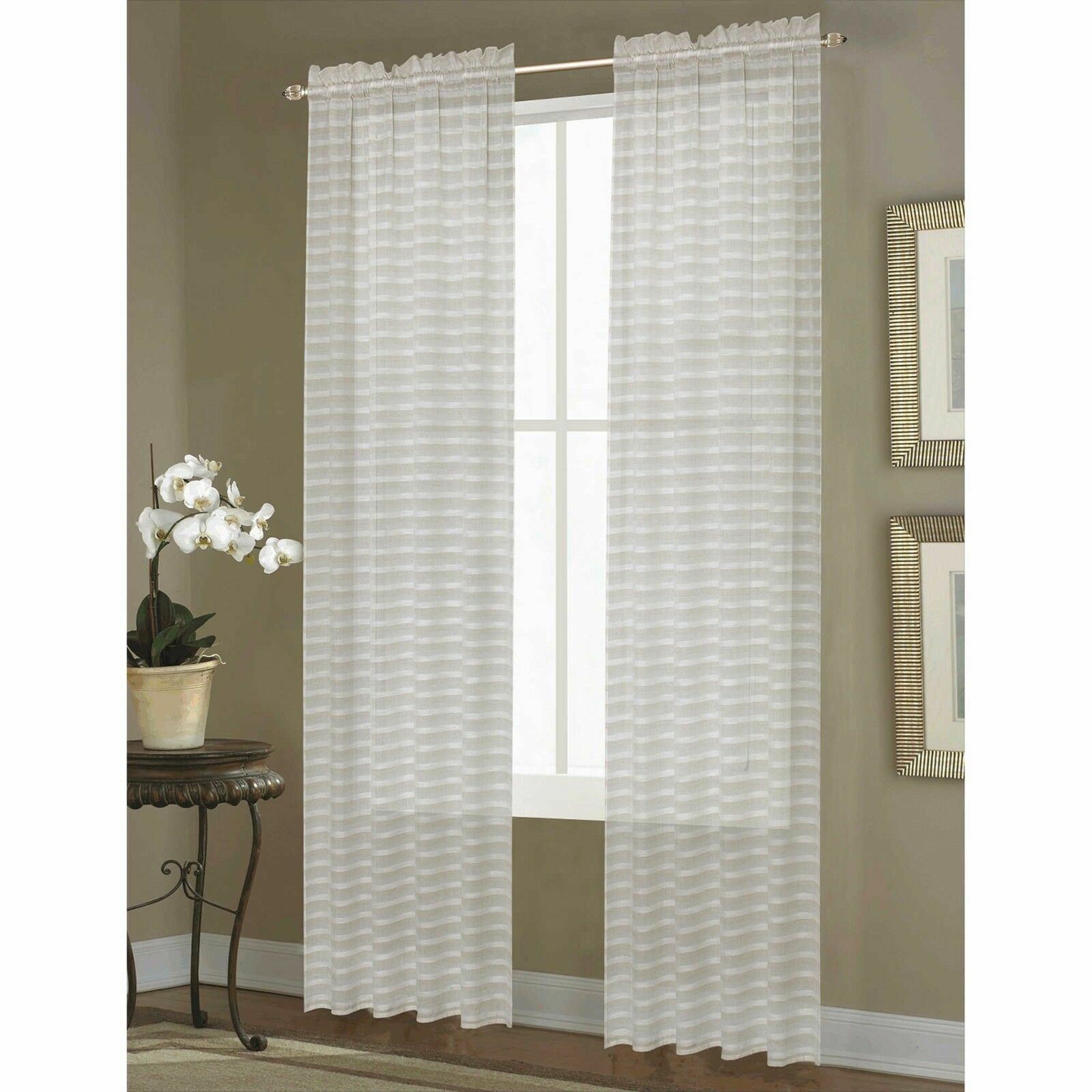 NEW Dover Sheer Striped 50″ x 95″ Rod Pocket Window Curtain Panel in Natural