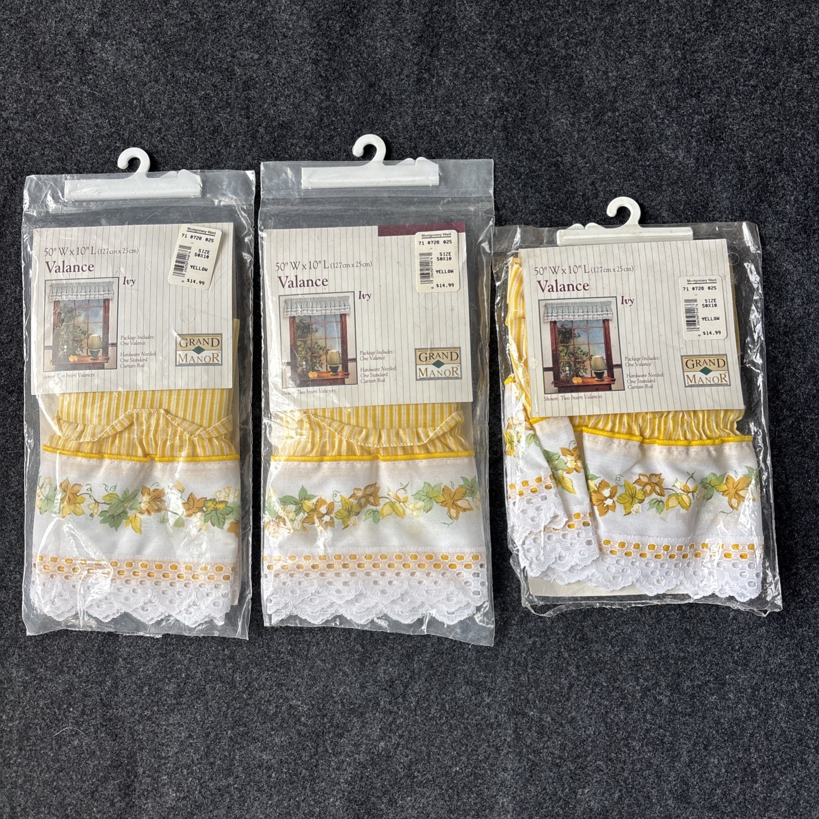 Vintage LOT of 3 Grand Manor Valances 50×10 Yellow Floral Lace Cottagecore