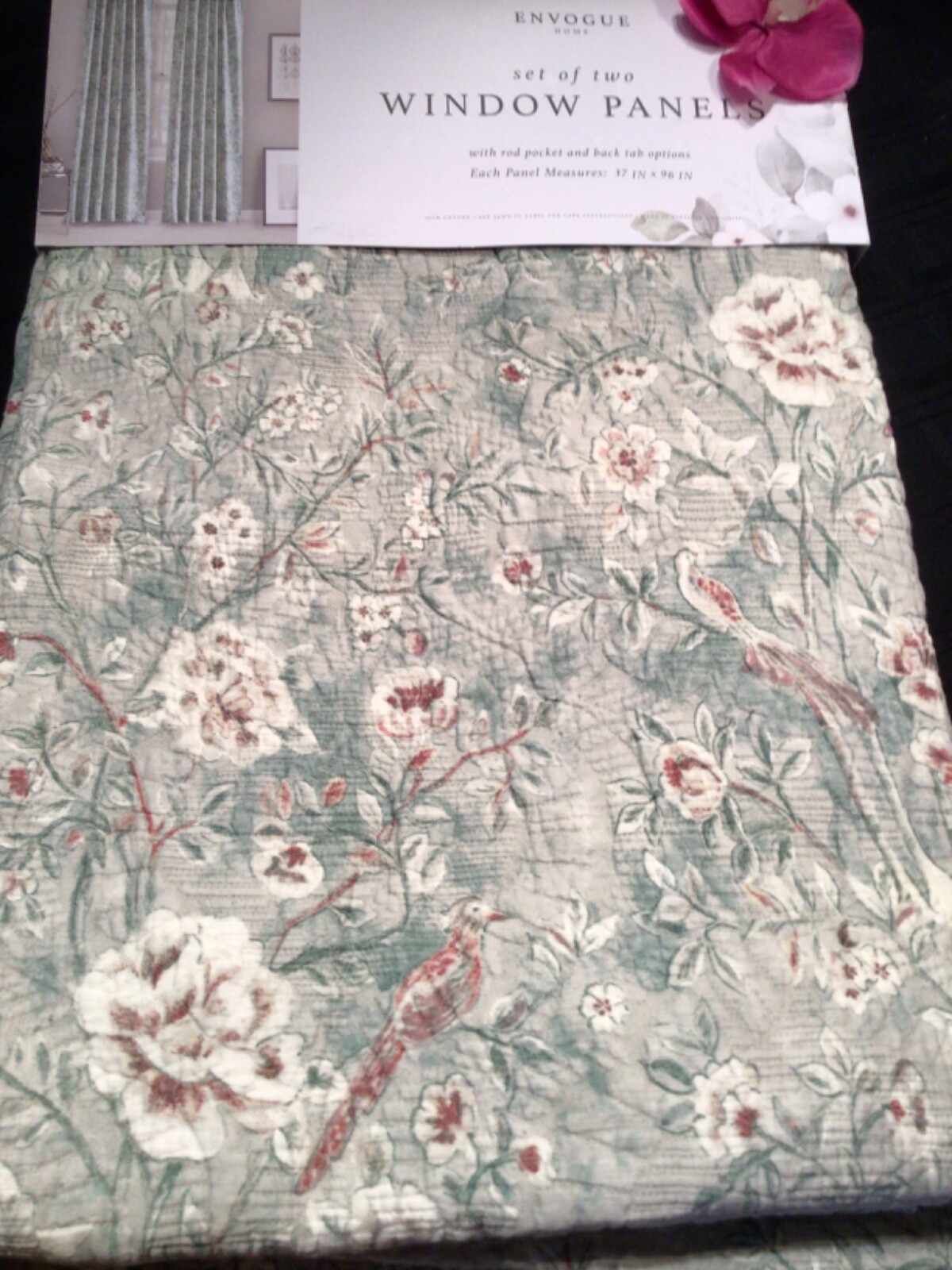 ENVOGUE 37×96 Curtain Panels Floral bird Matelasse 2 Pc Set Rod pocket back tab