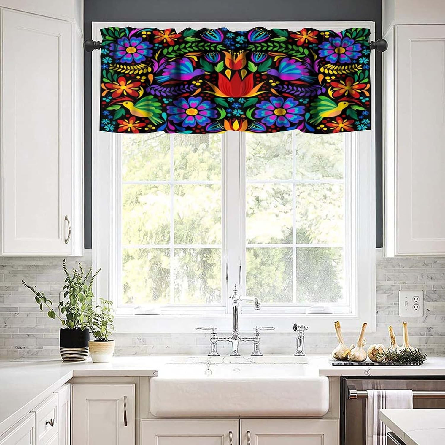 Mexico Valances Curtain for Kitchen, Mexican Folk Art Traditional Flower Pattern