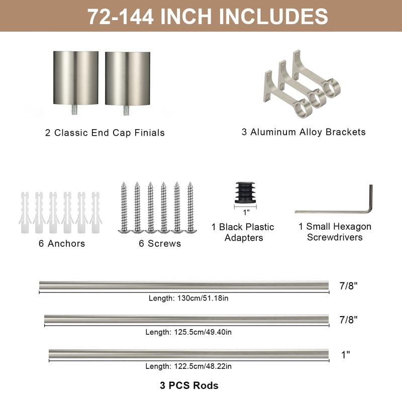 Hosmile Brushed Nickel Curtain Rods Cap Finials Single 72-144 Adjustable