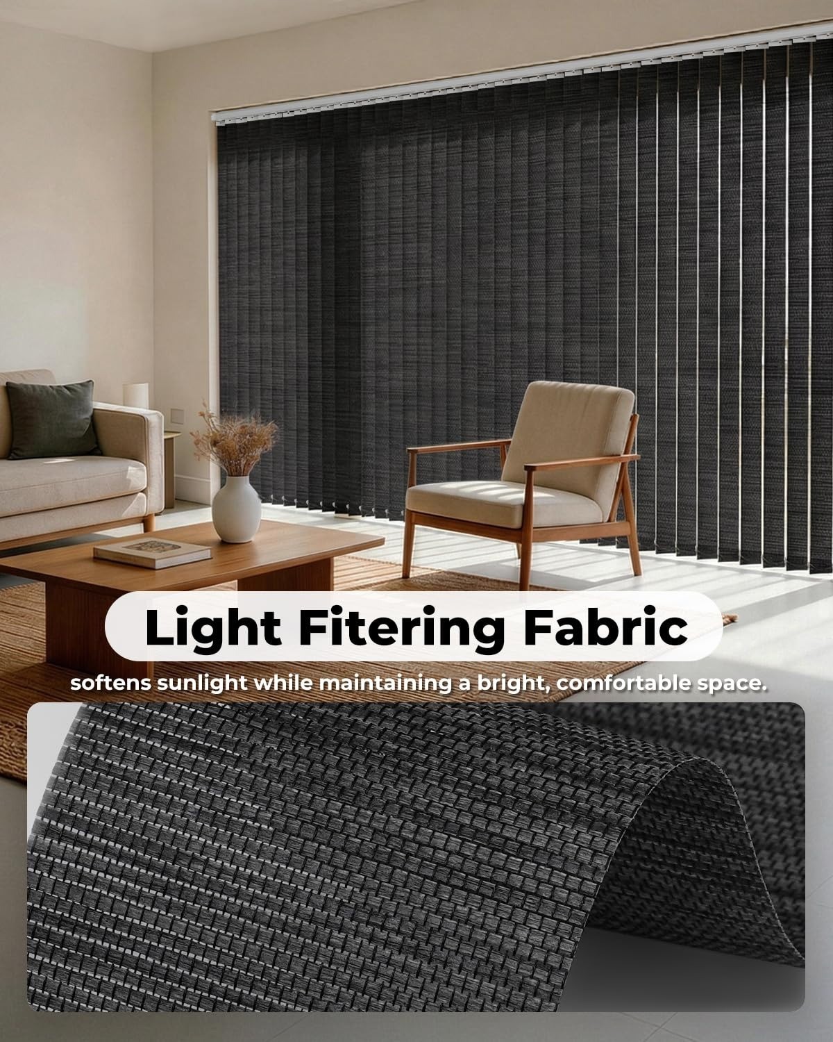 Vertical Blind Replacement Slats, 3.5×82.5 in, Black | Light Filtering Material,