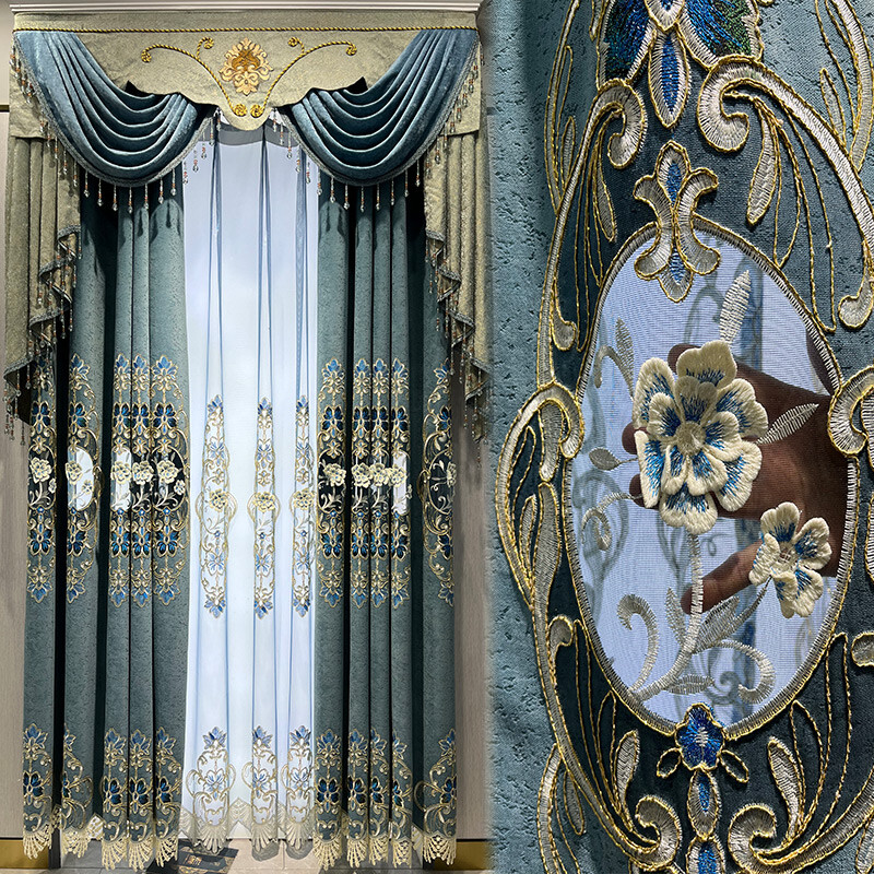 American luxury European blue thick embroider Velvet curtain valance tulle M1561