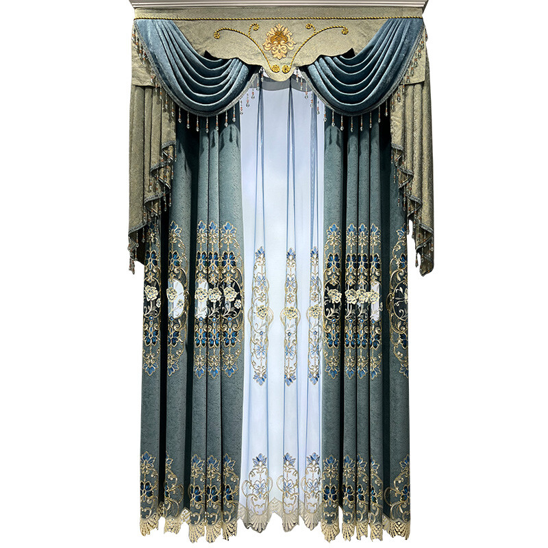 American luxury European blue thick embroider Velvet curtain valance tulle M1561