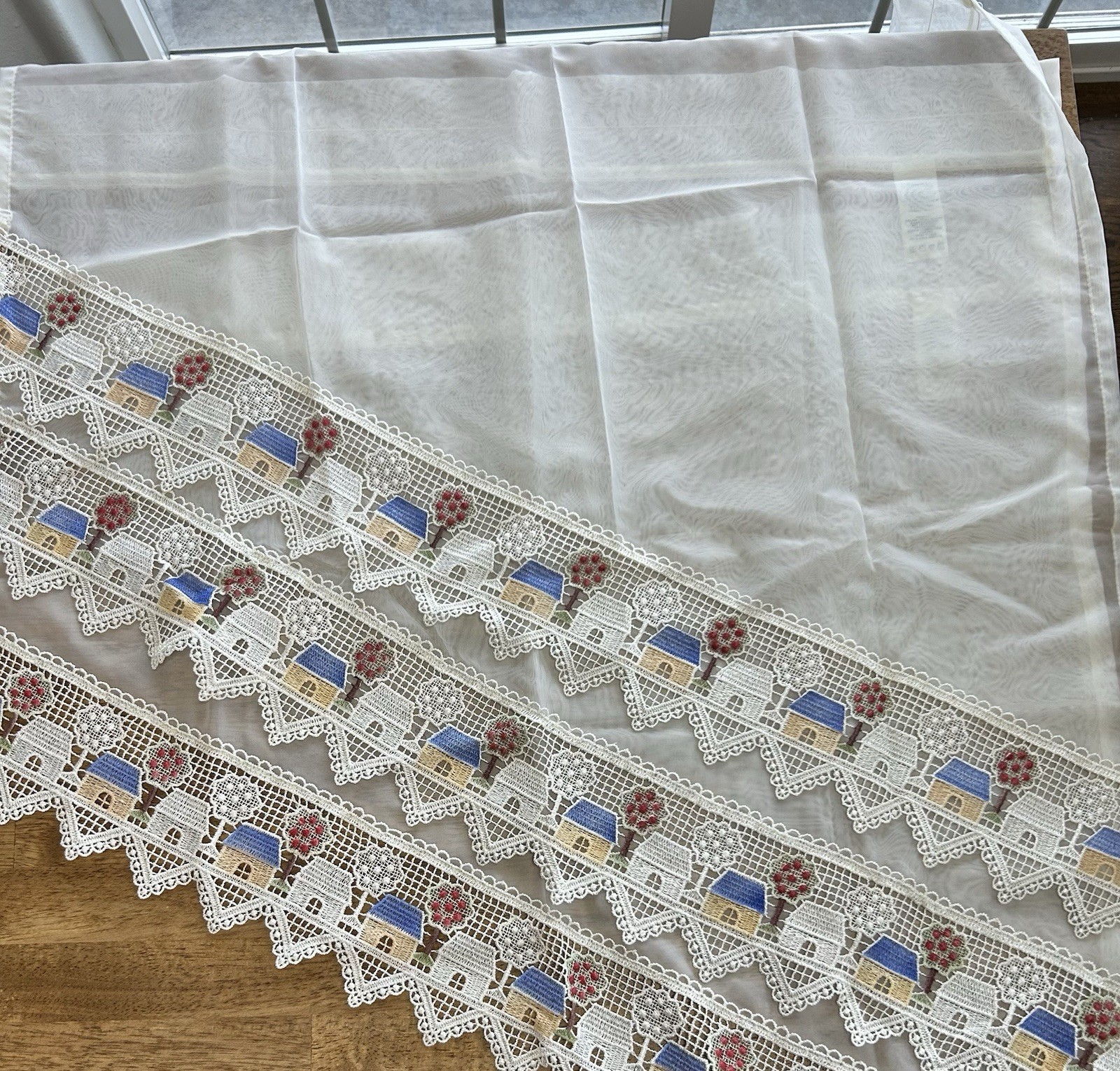Vintage 90’s Embroidered Curtain Window Valance Panels House Trees Sheer 6 Piece