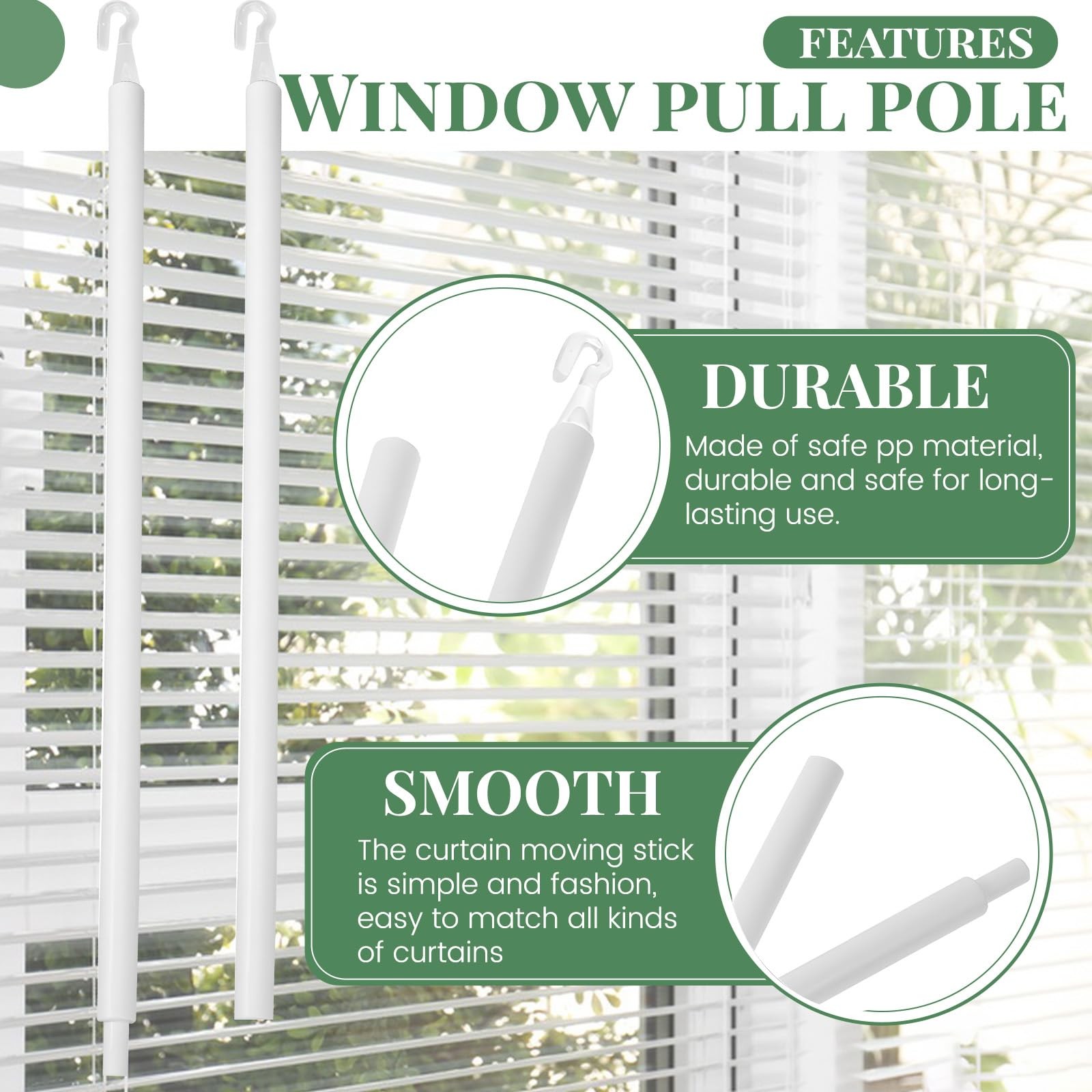 2 Sets 24Inch Blind Wand Replacement with Hook, Opener One Size, White