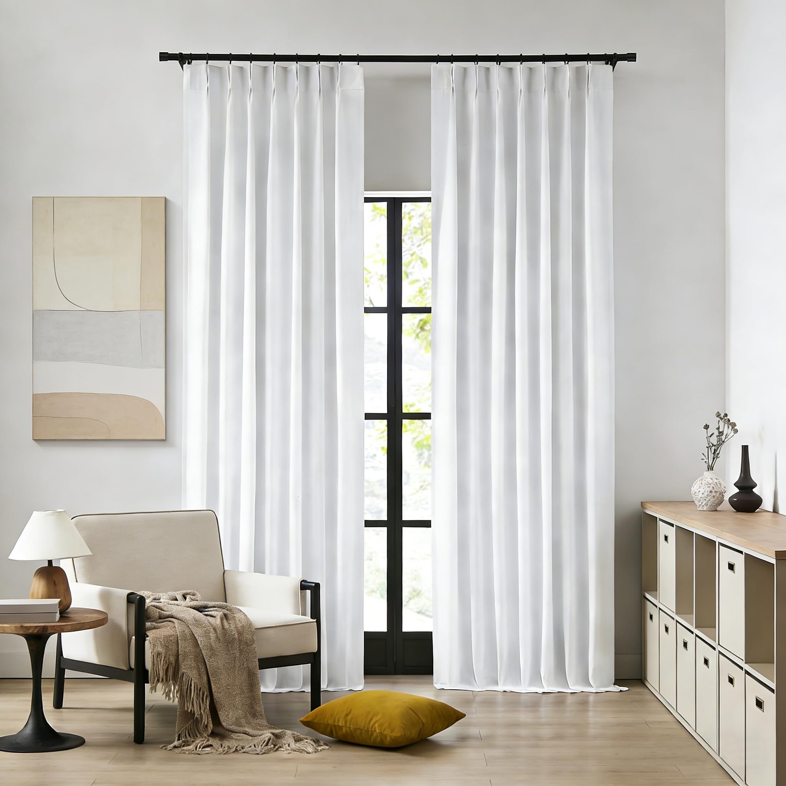 8FT White Pinch Pleated Full Blackout Linen Blend Curtains 40×95 Set of 2
