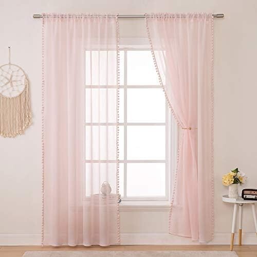 NWT MIULEE Curtains- Panels Pom Pom Tasseled White 84″ Sheer Pink 2 Panels
