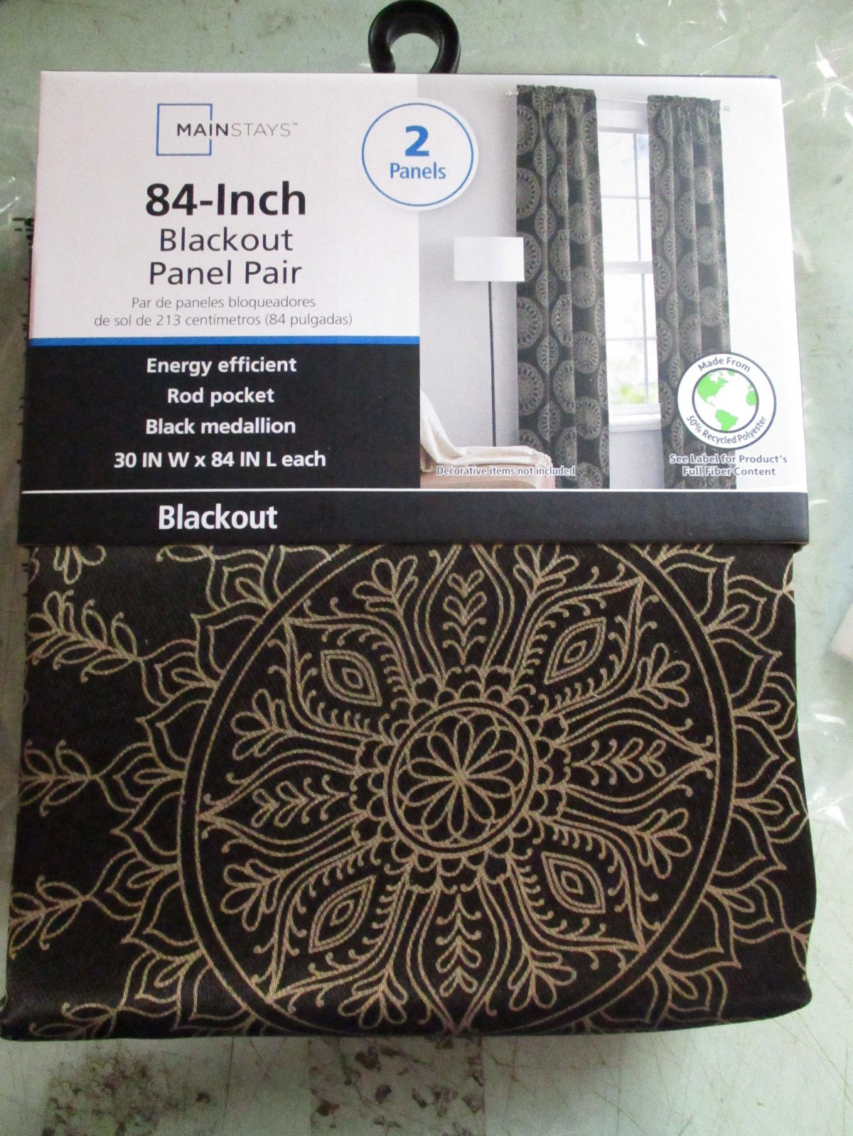 Mainstays Blackout 2 Panel Black Medallion Curtain 30″ W x 84″ L Rod Pocket RT