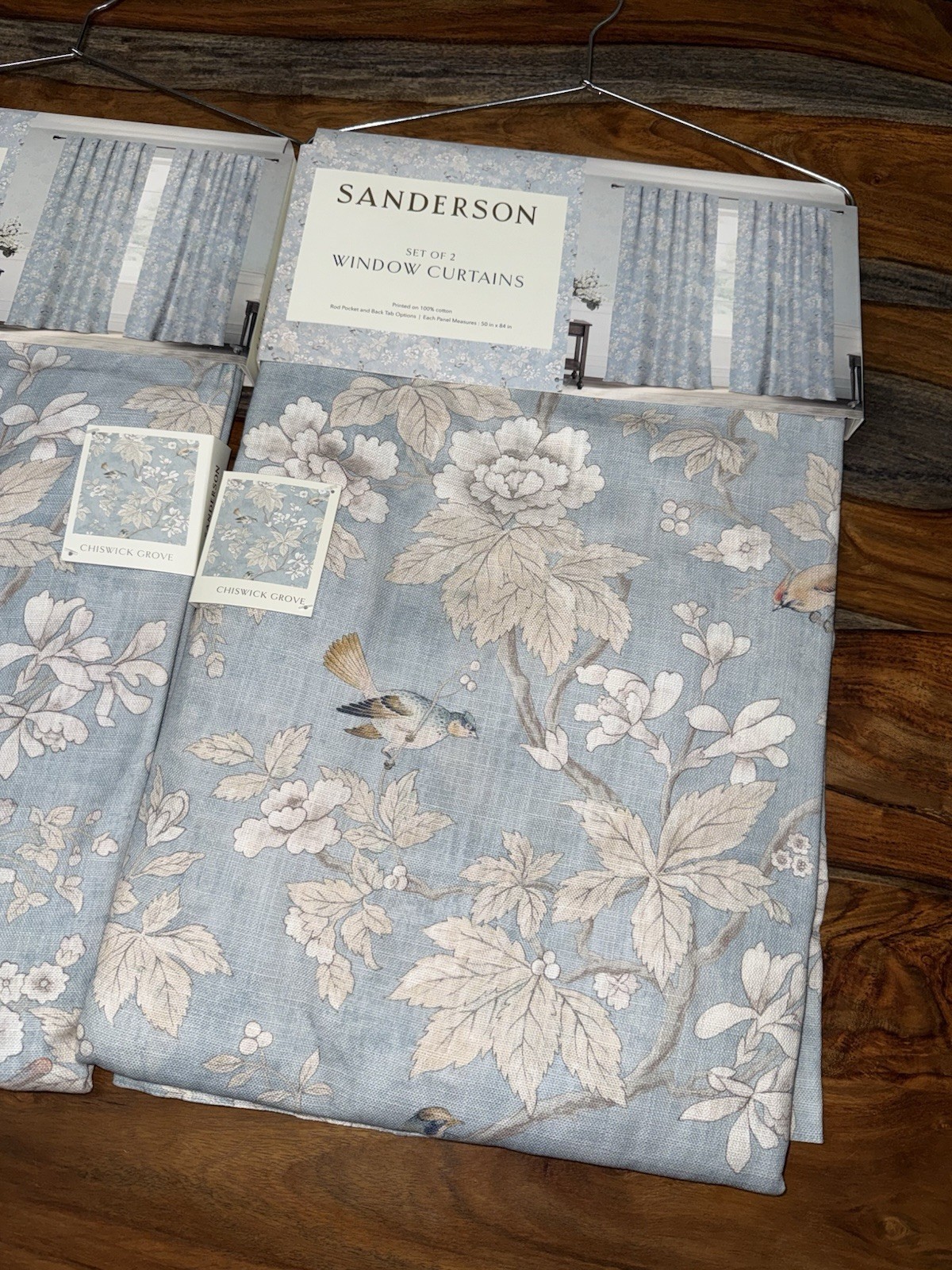 New SANDERSON Chiswick Grove Floral Bird Cotton Drapes 50″ x 84″ Set of 4 ~Blue~