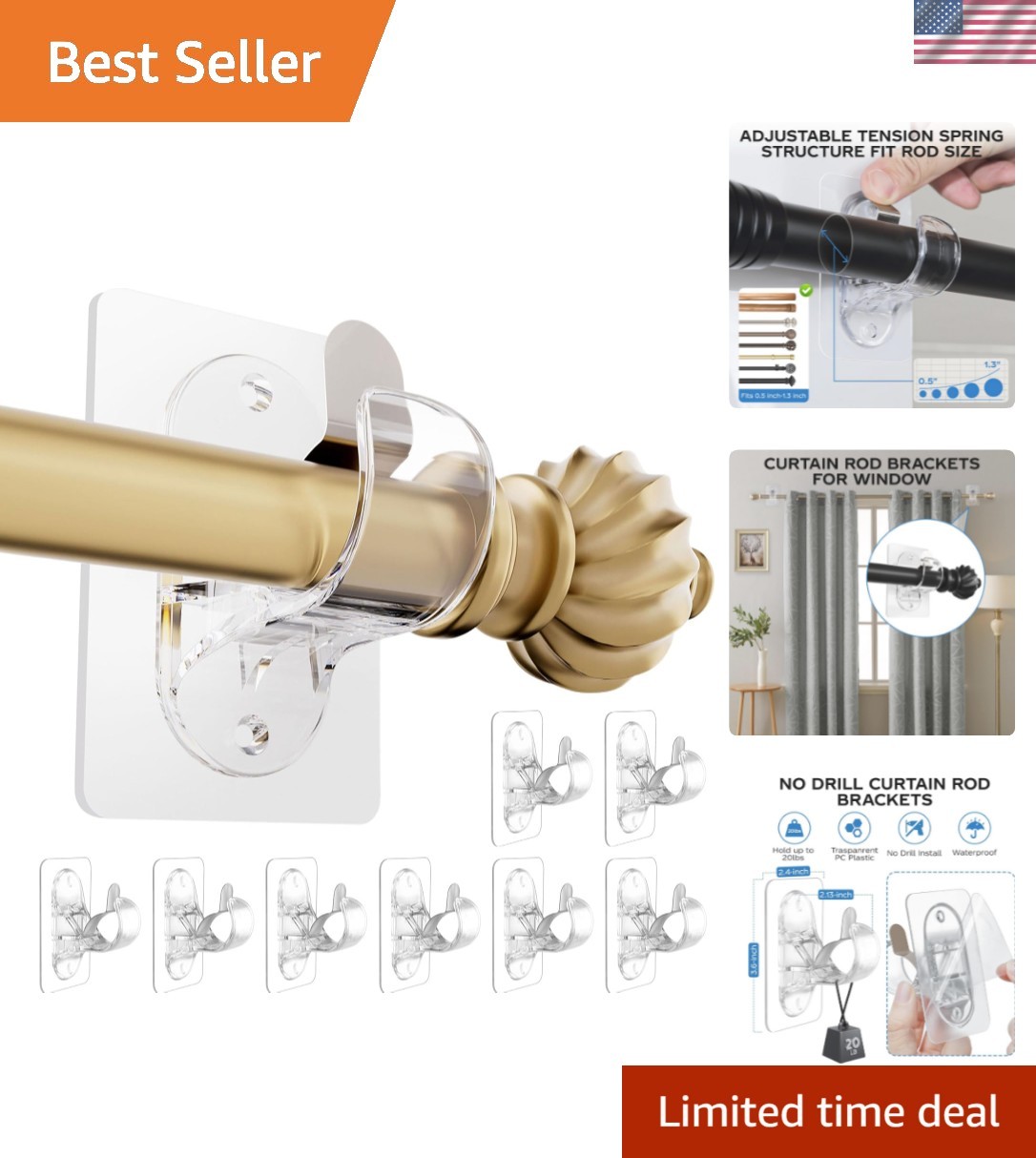 No Drill Curtain Rod Brackets 8 Pack Heavy Duty Self Adhesive Hooks for 0.5 t…