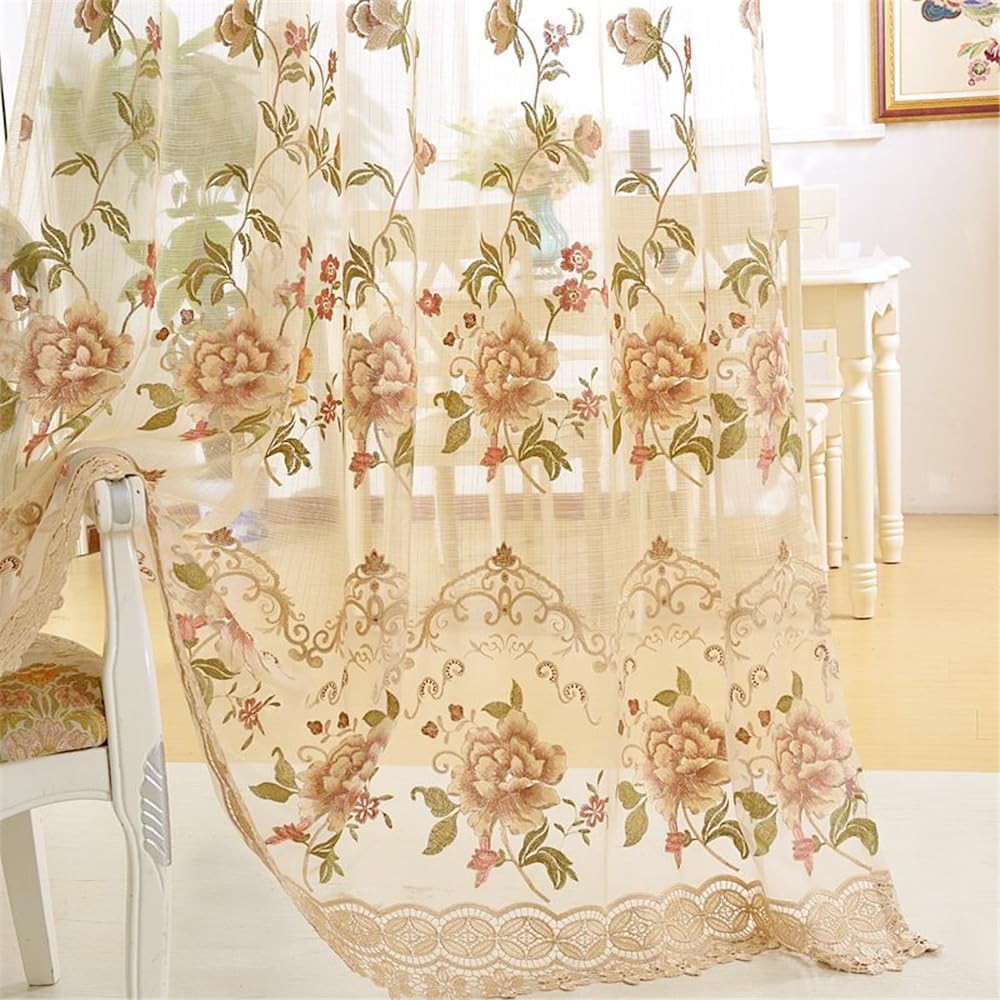 Luxury Floral Embroidery Gauze Sheer Curtain for Bedroom Rod Pocket Top