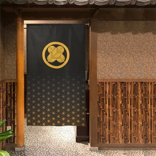MADE in JAPAN Japanese Traditional Noren -Kamon & Hemp Leaf Family Crest Black