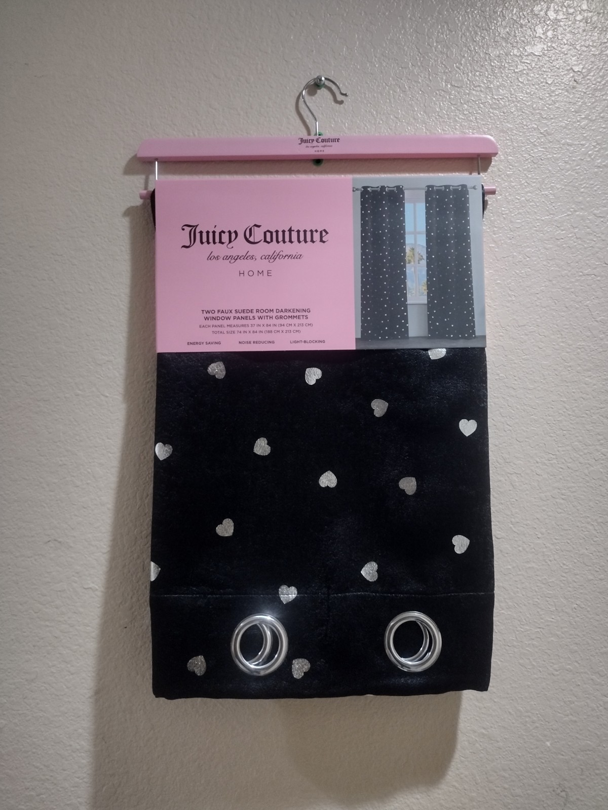 JUICY COUTURE WINDOW CURTAIN BLACK SILVER HEARTS JUICY COUTURE WINDOW PANEL SET
