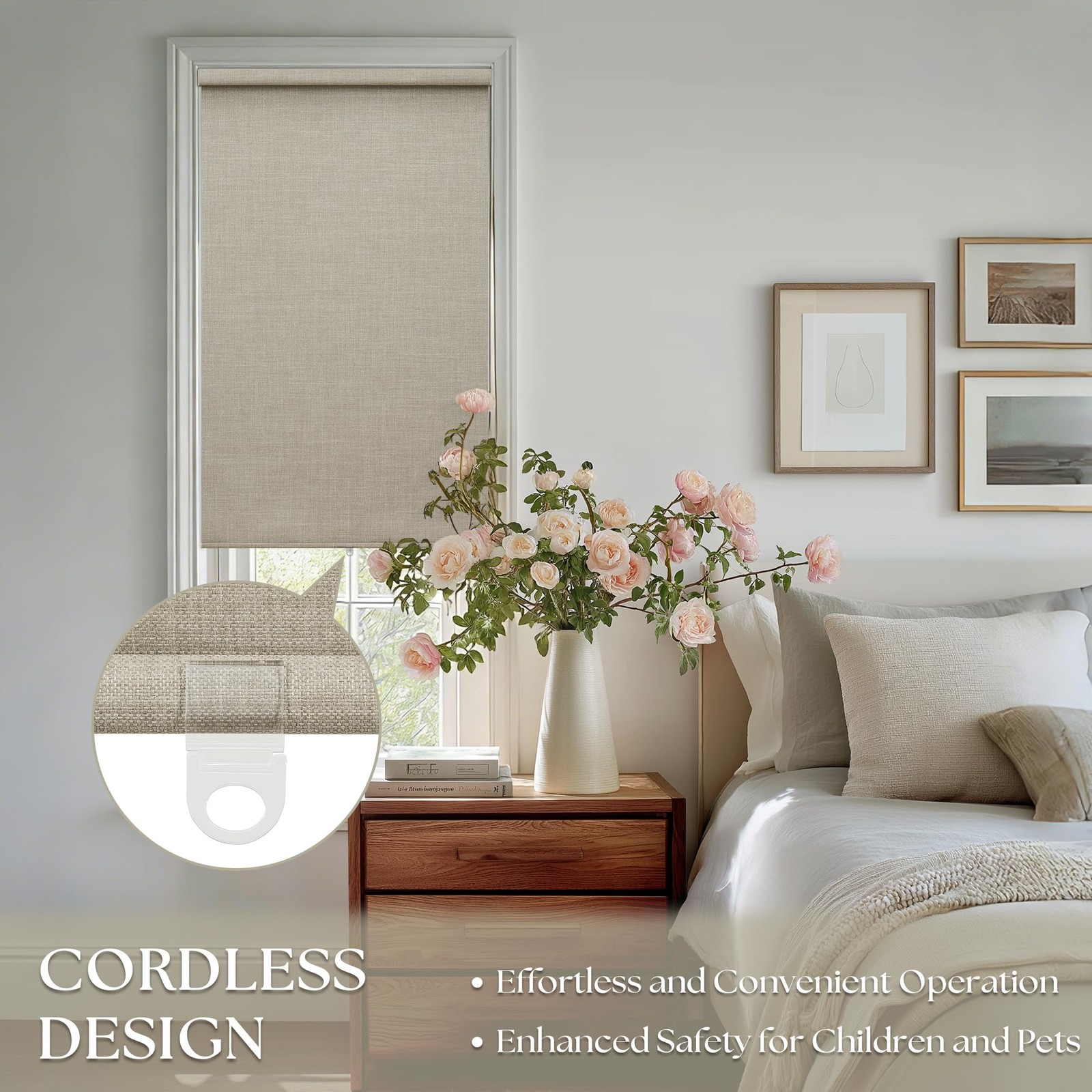 Cordless Roller Shades 24″ W x 72″ H Blackout Linen Blinds for French Door – UV