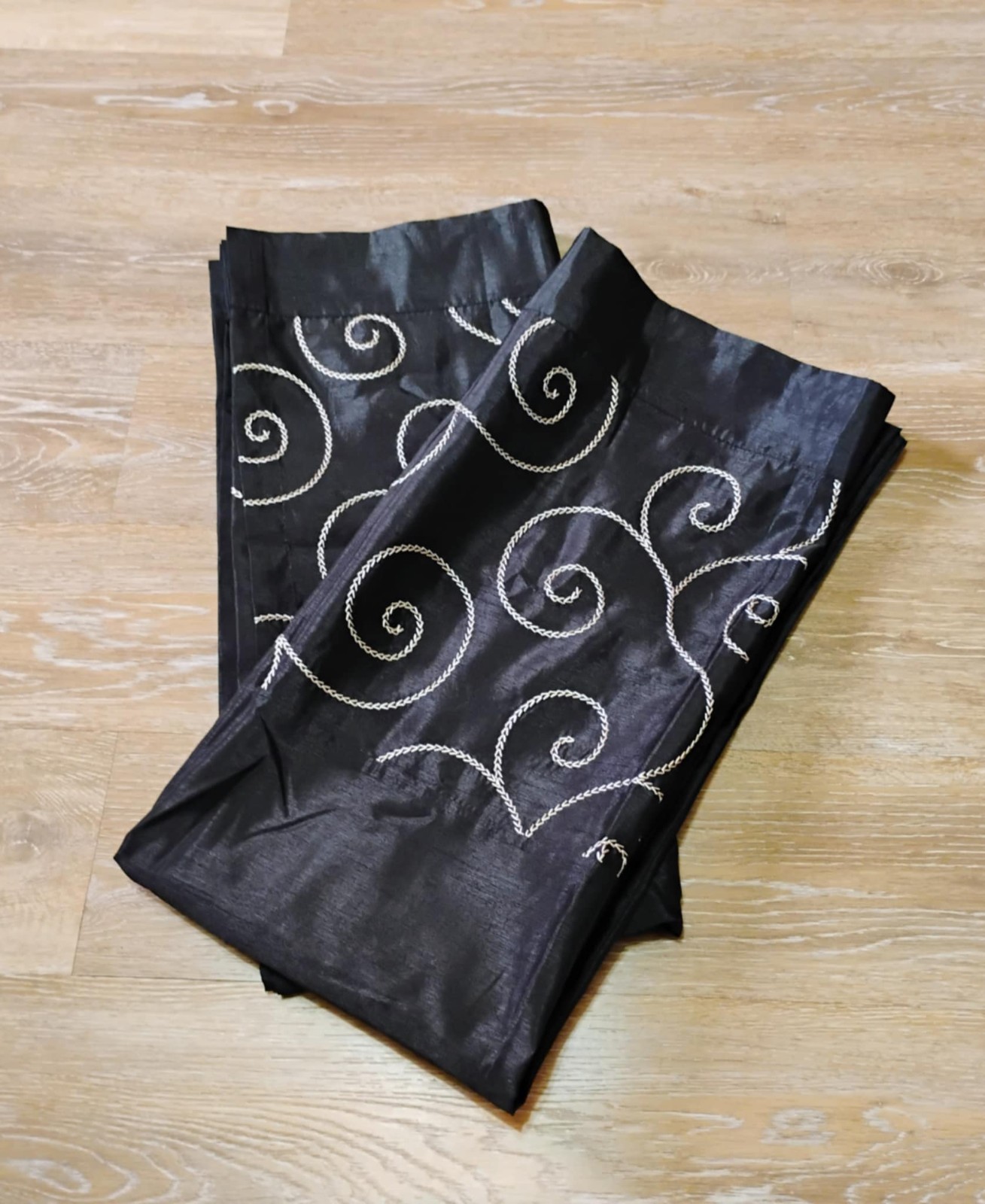 Set of 2 Matching Curtain Panels Embroidered Black Silver Semi Sheer 84″x39.5″