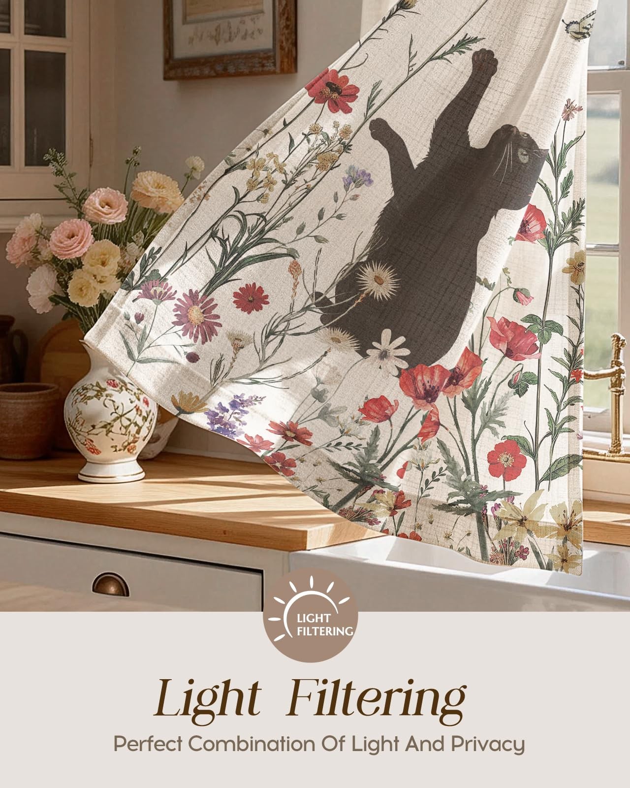 Cat Kitchen Tier Curtains – 24 Inch Length Linen Blend Farmhouse Cafe Curtain…