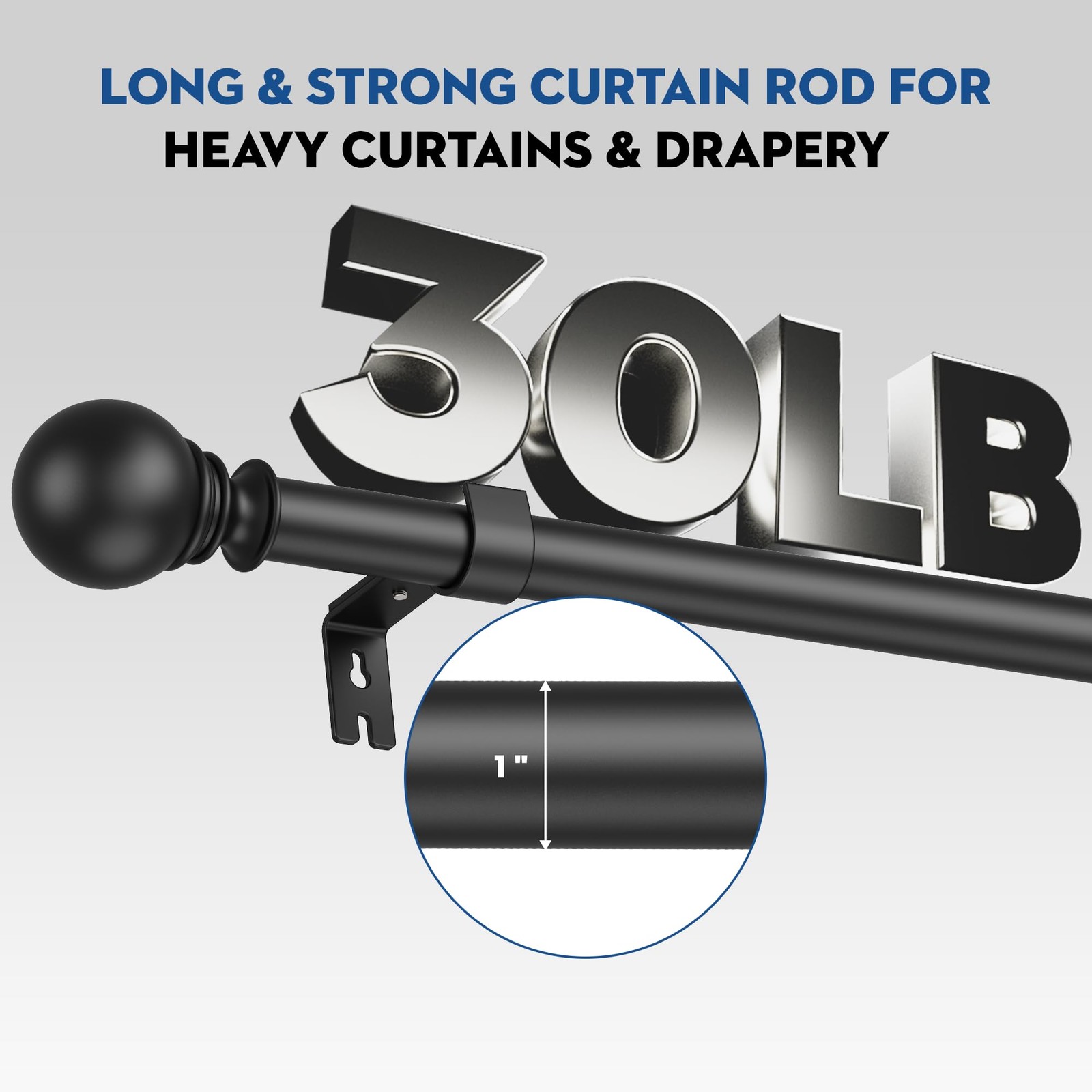PadPure Black Curtain Rod, Adjustable 66-120 inch, Heavy Duty,1″ Diameter