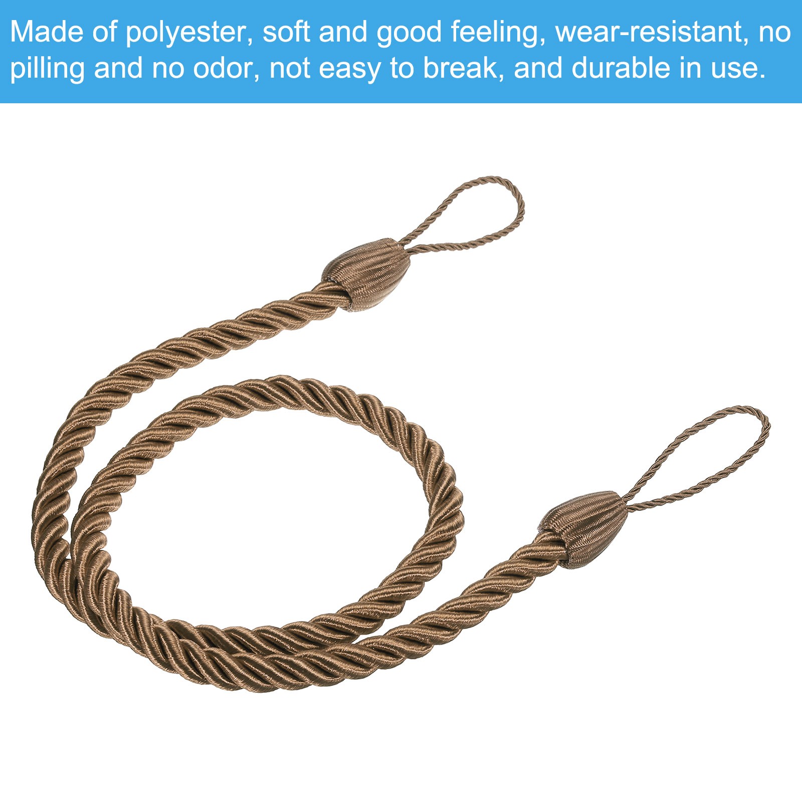 6pcs Curtain Tiebacks Ropes with Hooks Bolts Khaki